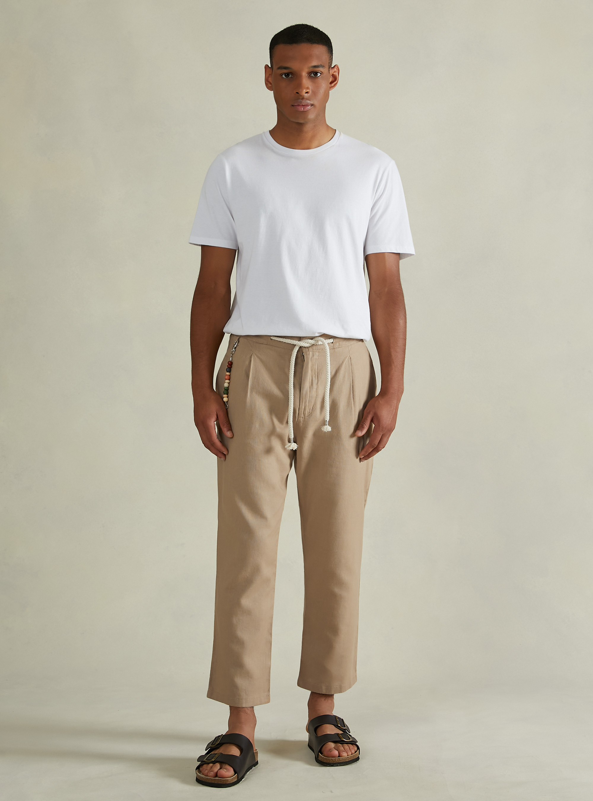 Linen-blend trousers with drawstring waist, BG2 BEIGE MEDIUM