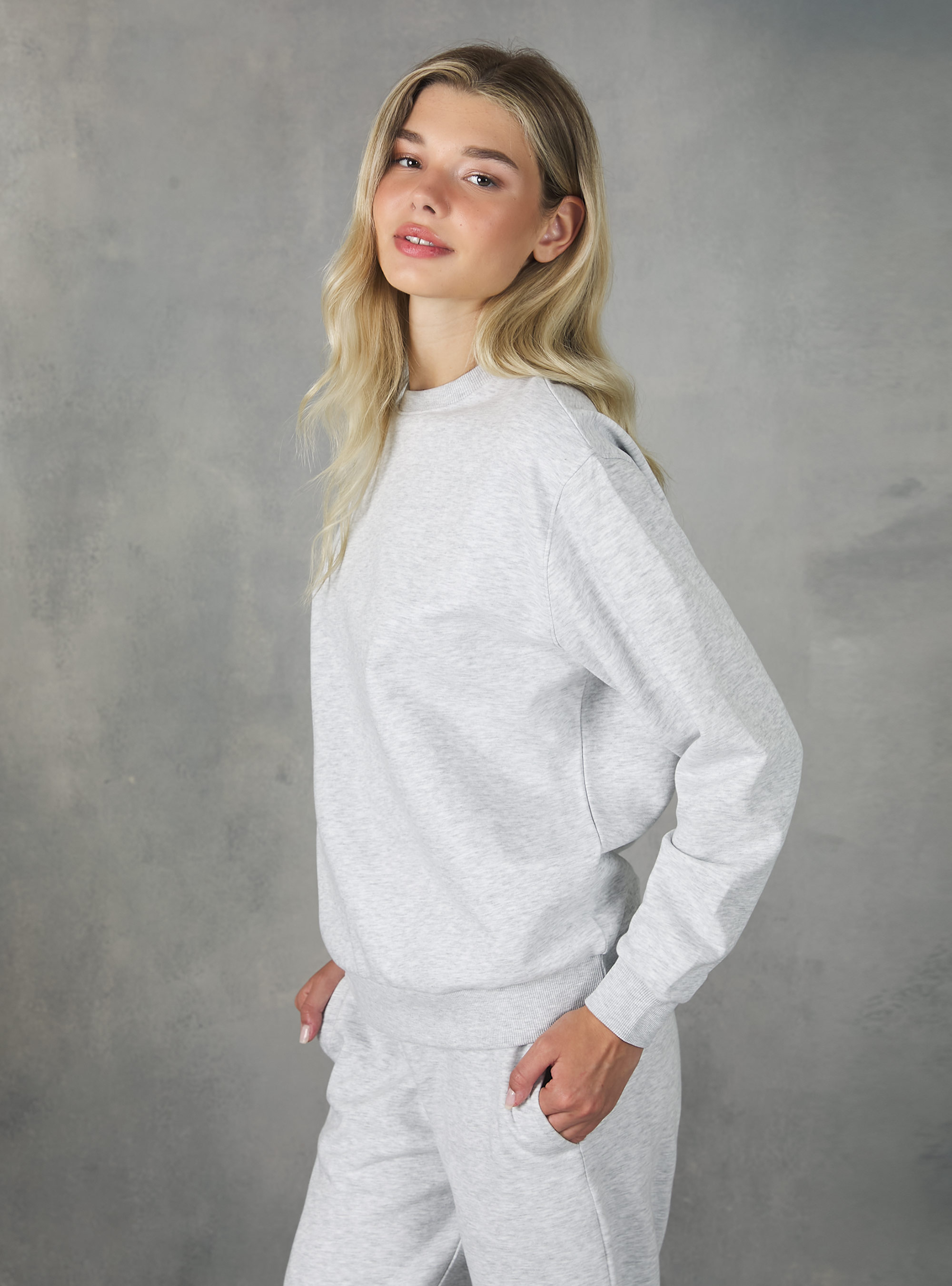 Sudadera de algod&oacute;n liso con cuello redondo, MGY3 GREY MEL LIGHT