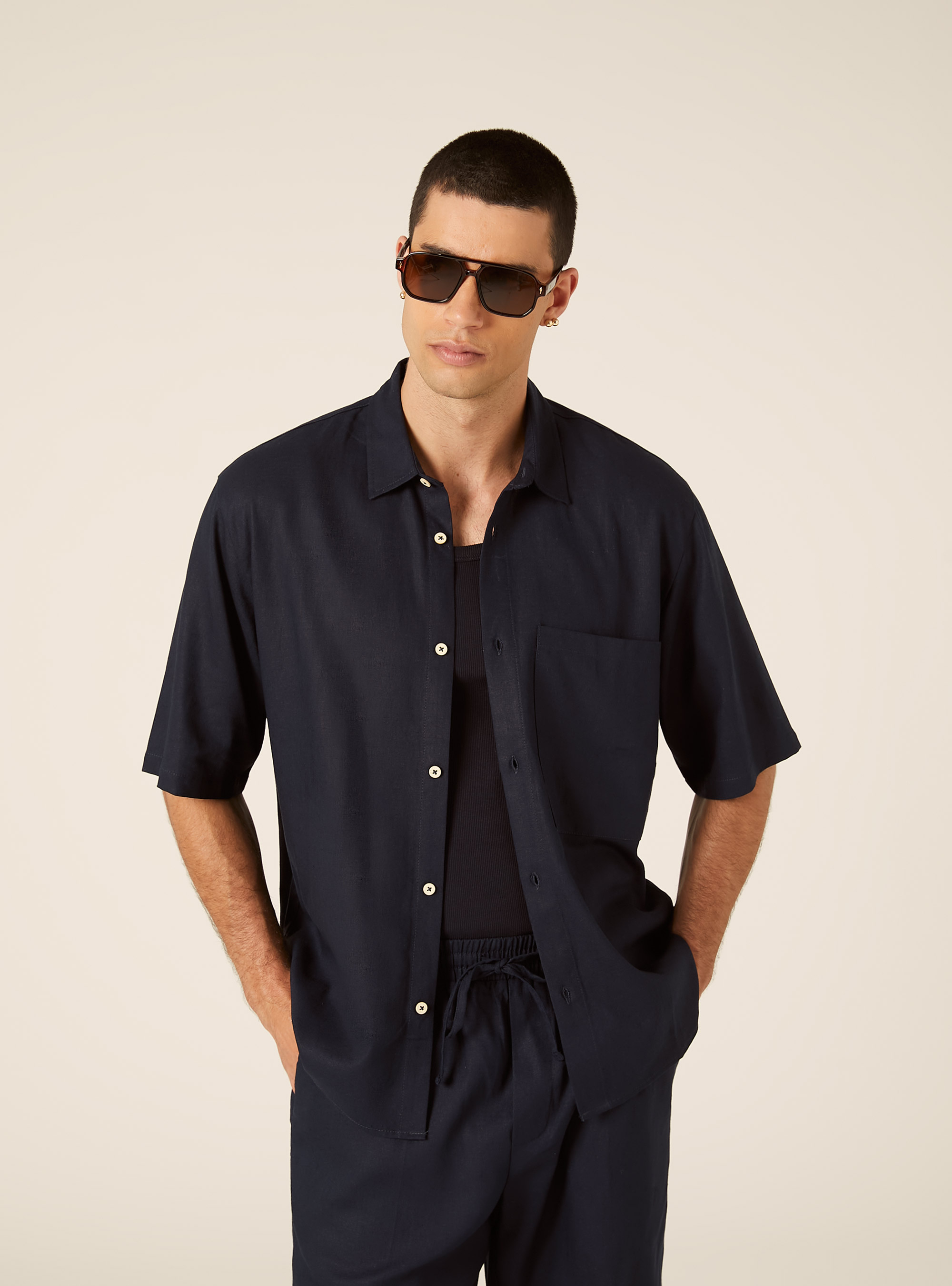 Camicia  in misto lino  con taschino, NA1 NAVY DARK
