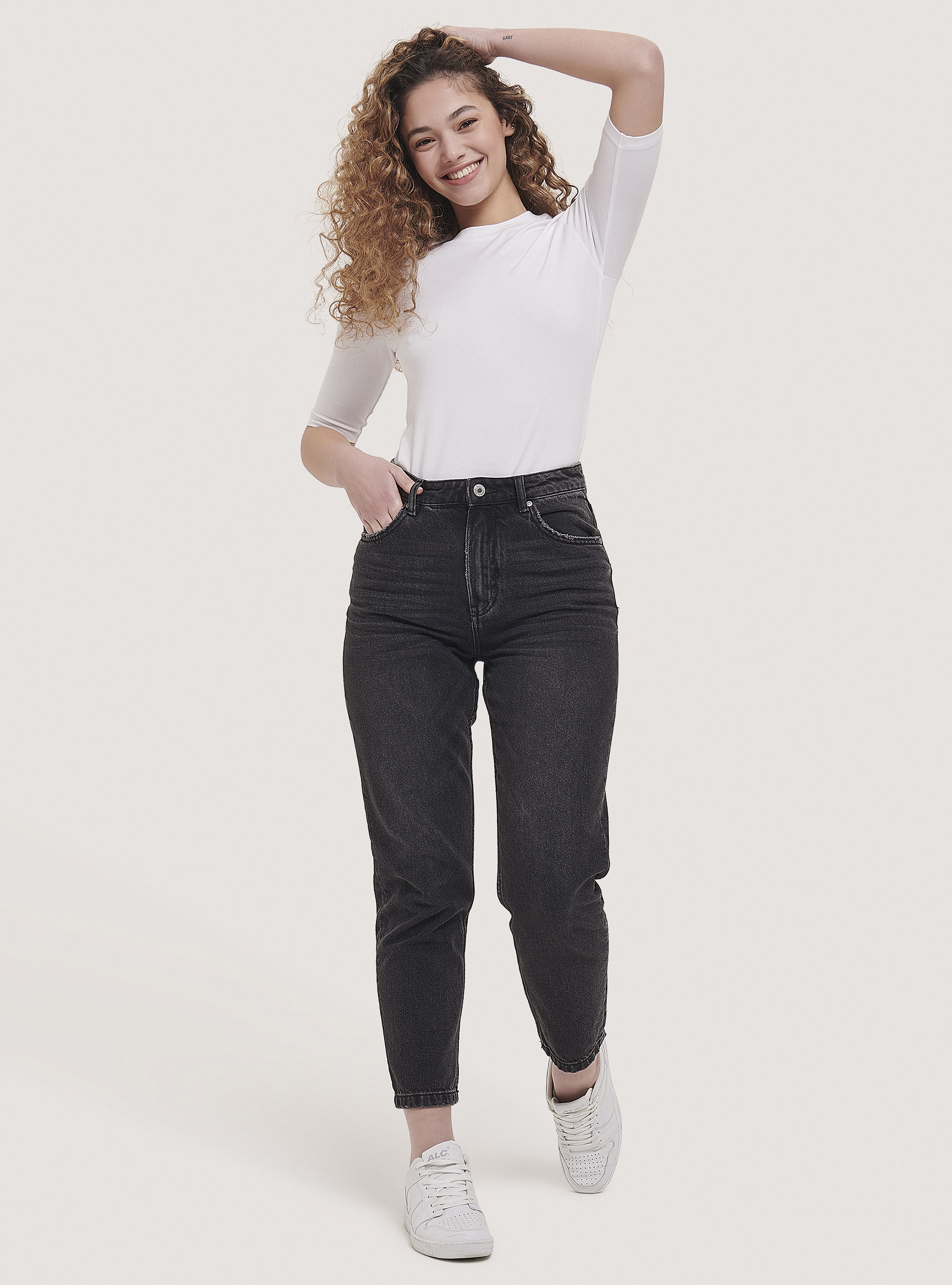 Cotton mom fit jeans, D000 BLACK