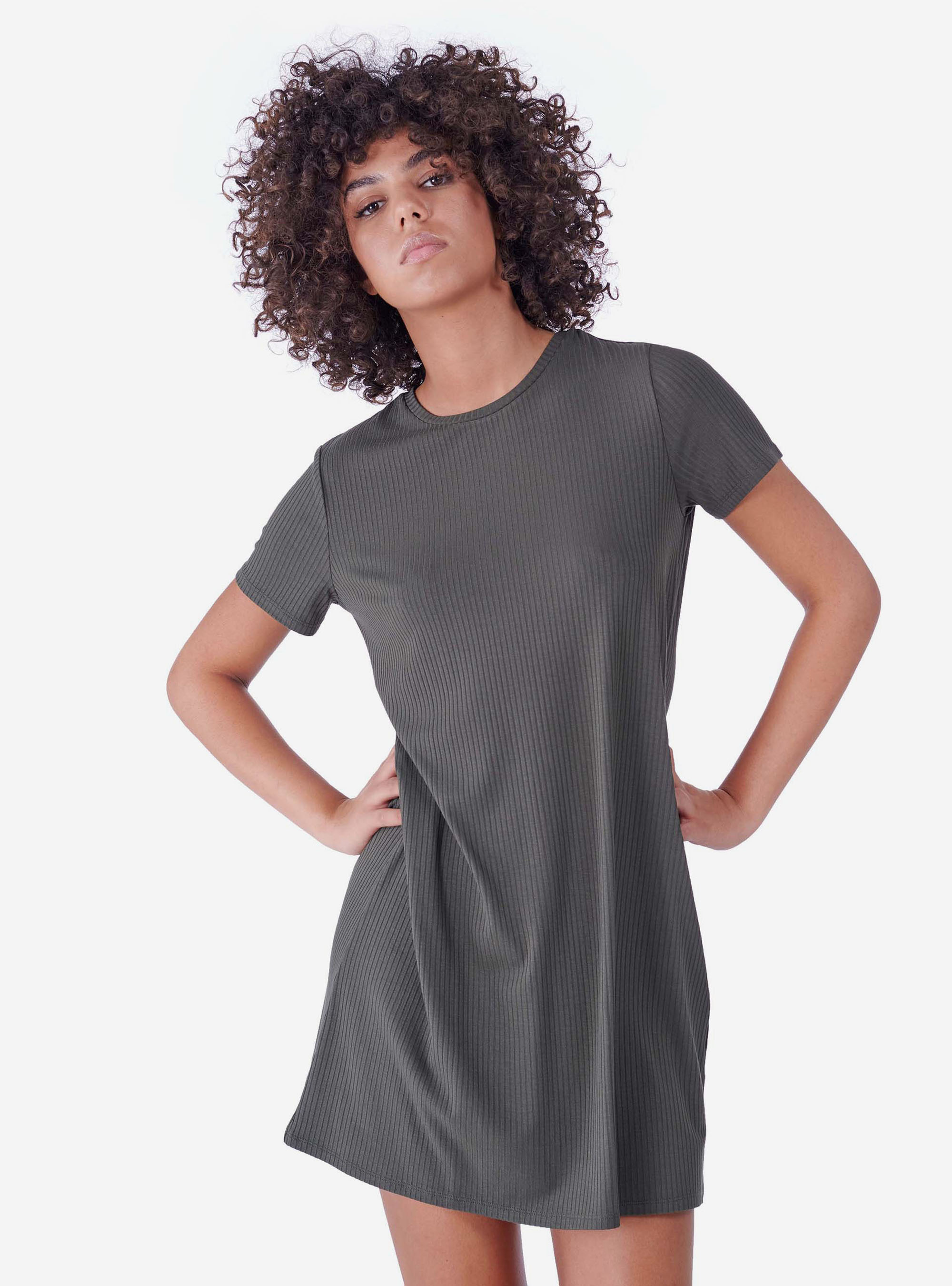 Vestito corto in cotone a costine fit morbido, KAKI