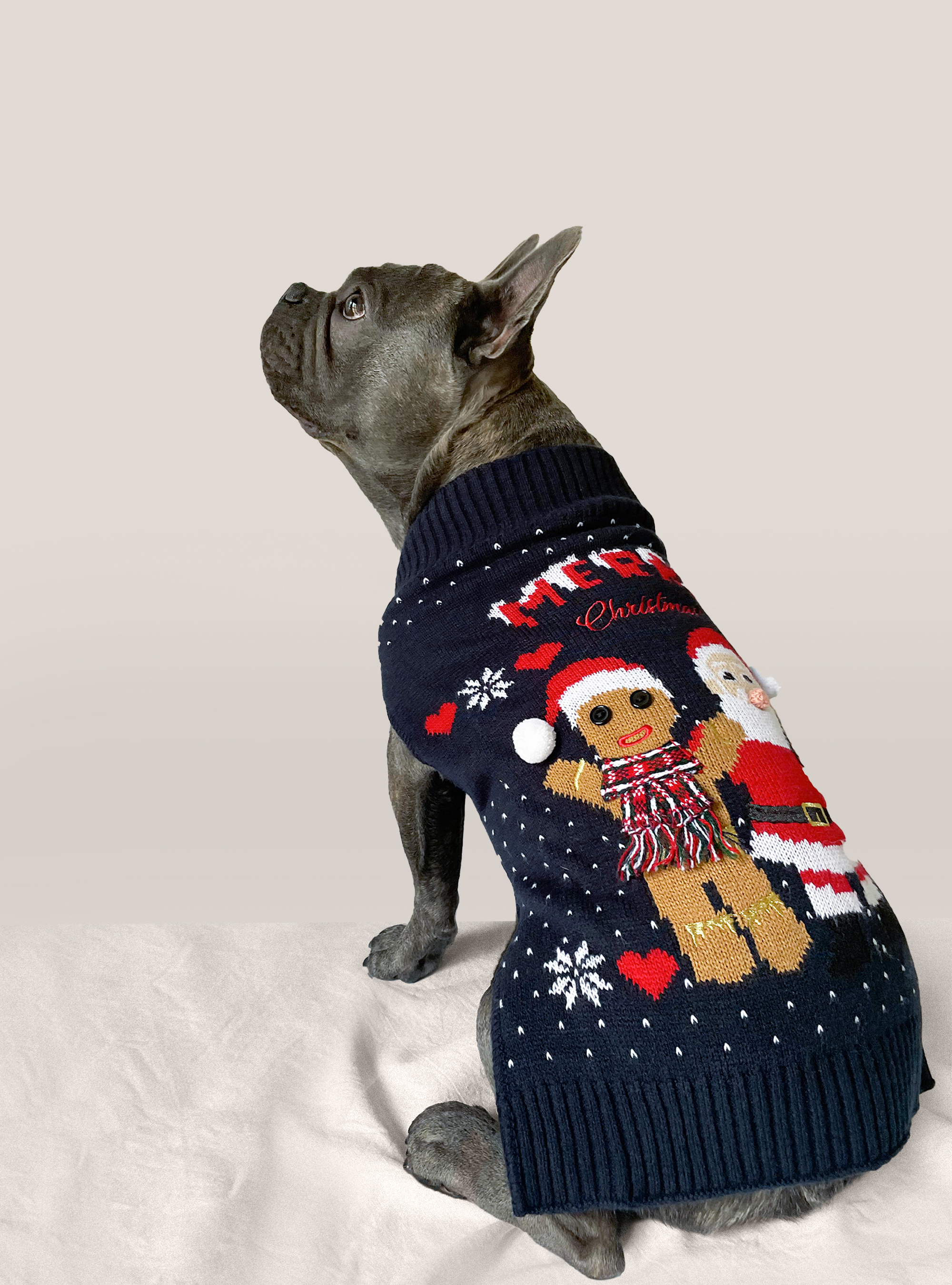 Jersey navideno para perros con el hombre de jengibre y Pap&aacute; Noel, AZUL MARINO