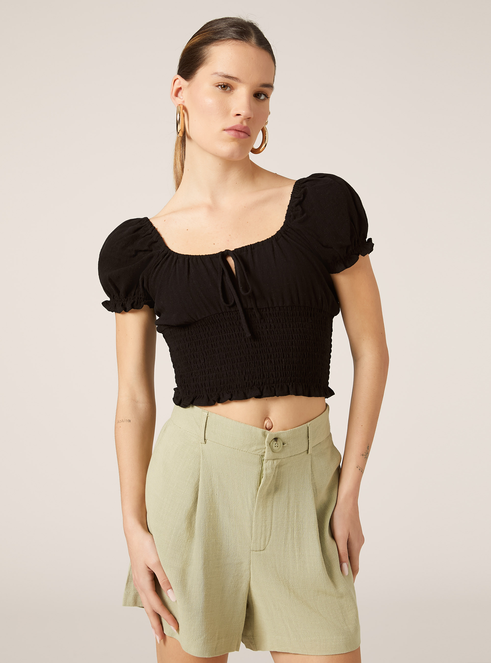 Blusa en mezcla de lino, BK1 BLACK