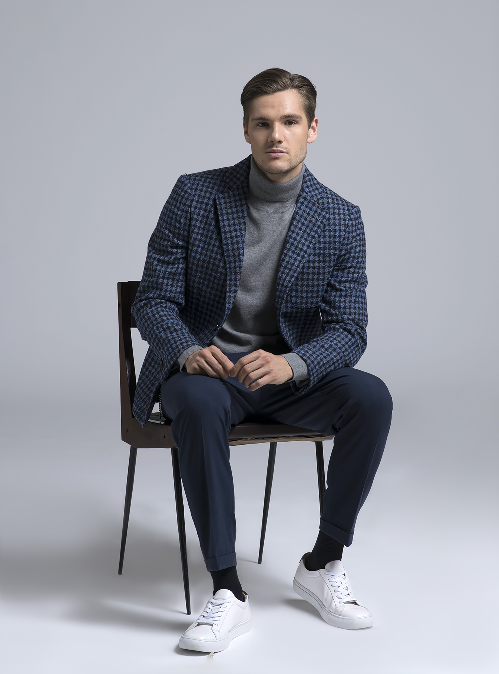 Giacca a quadri con toppe, BLUE NAVY