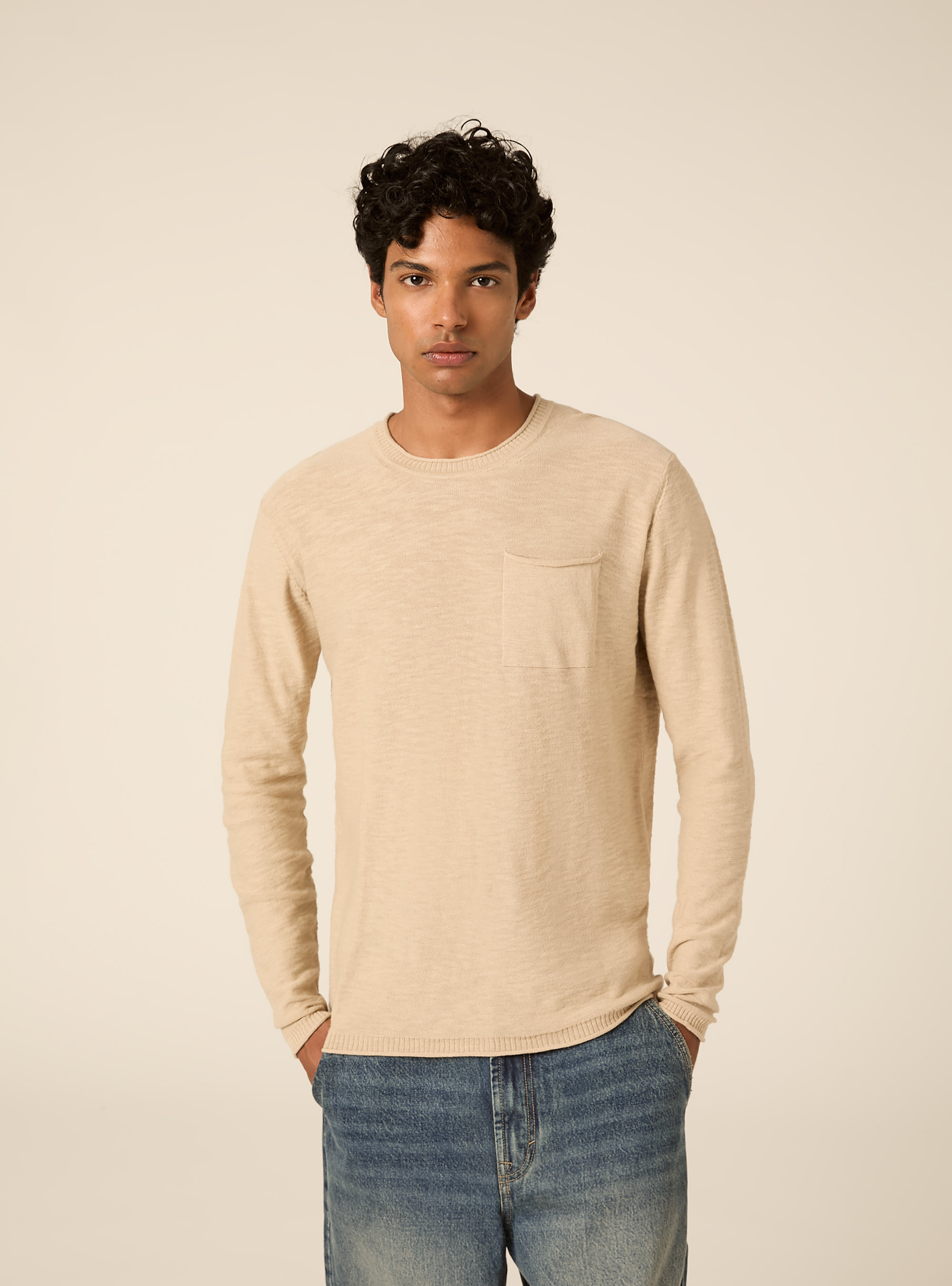 Pullover  in cotone slub, BEIGE MEDIO