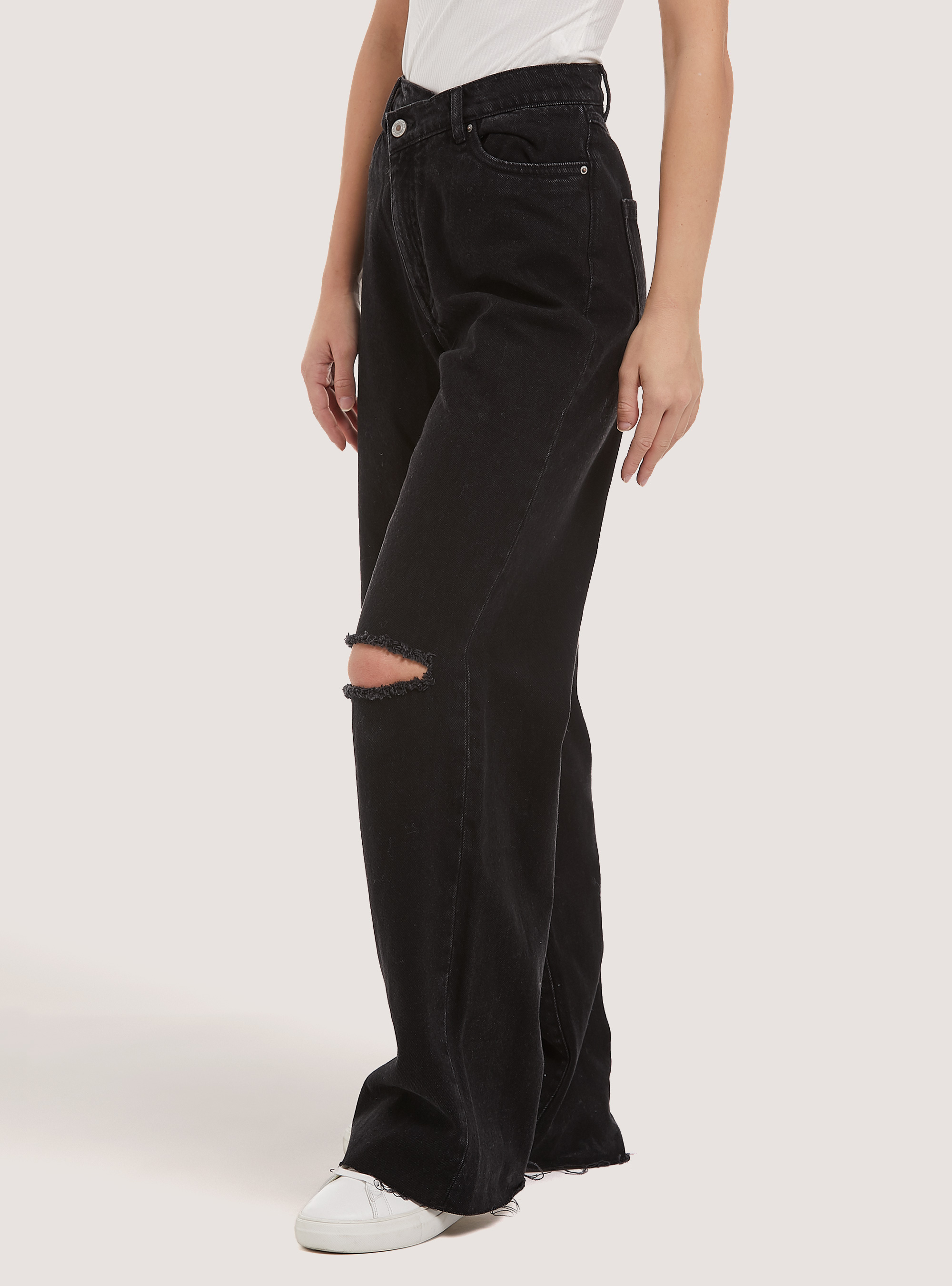 Jeans straight fit con vita asimmetrica, D000 BLACK