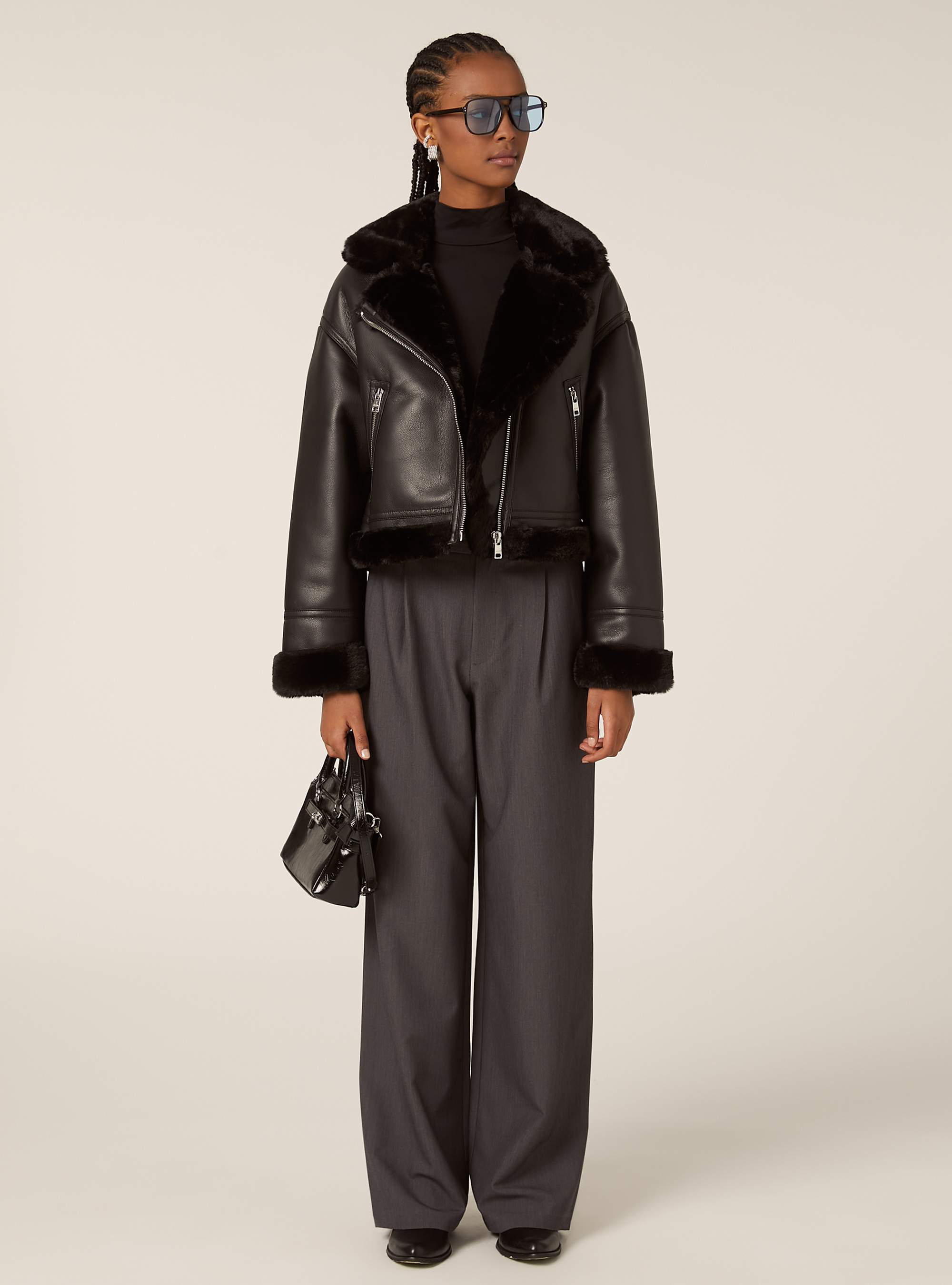 Giubbotto montone effetto pelle, BK1 BLACK