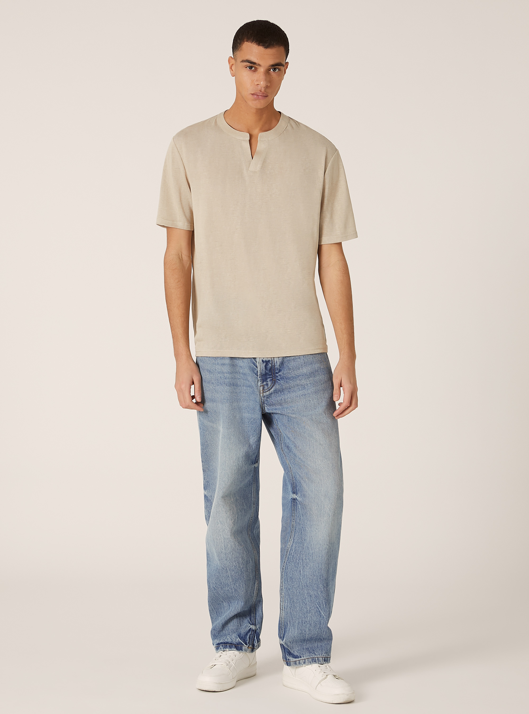 Linen-effect serafino neckline T-shirt, BG2 BEIGE MEDIUM