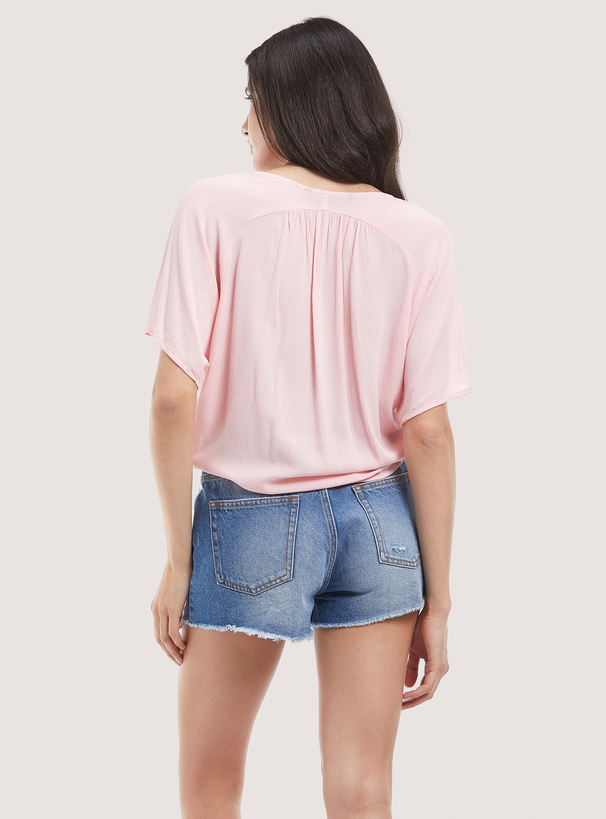 Solid colour v-neck shirt with waist knot, C4400 PINK