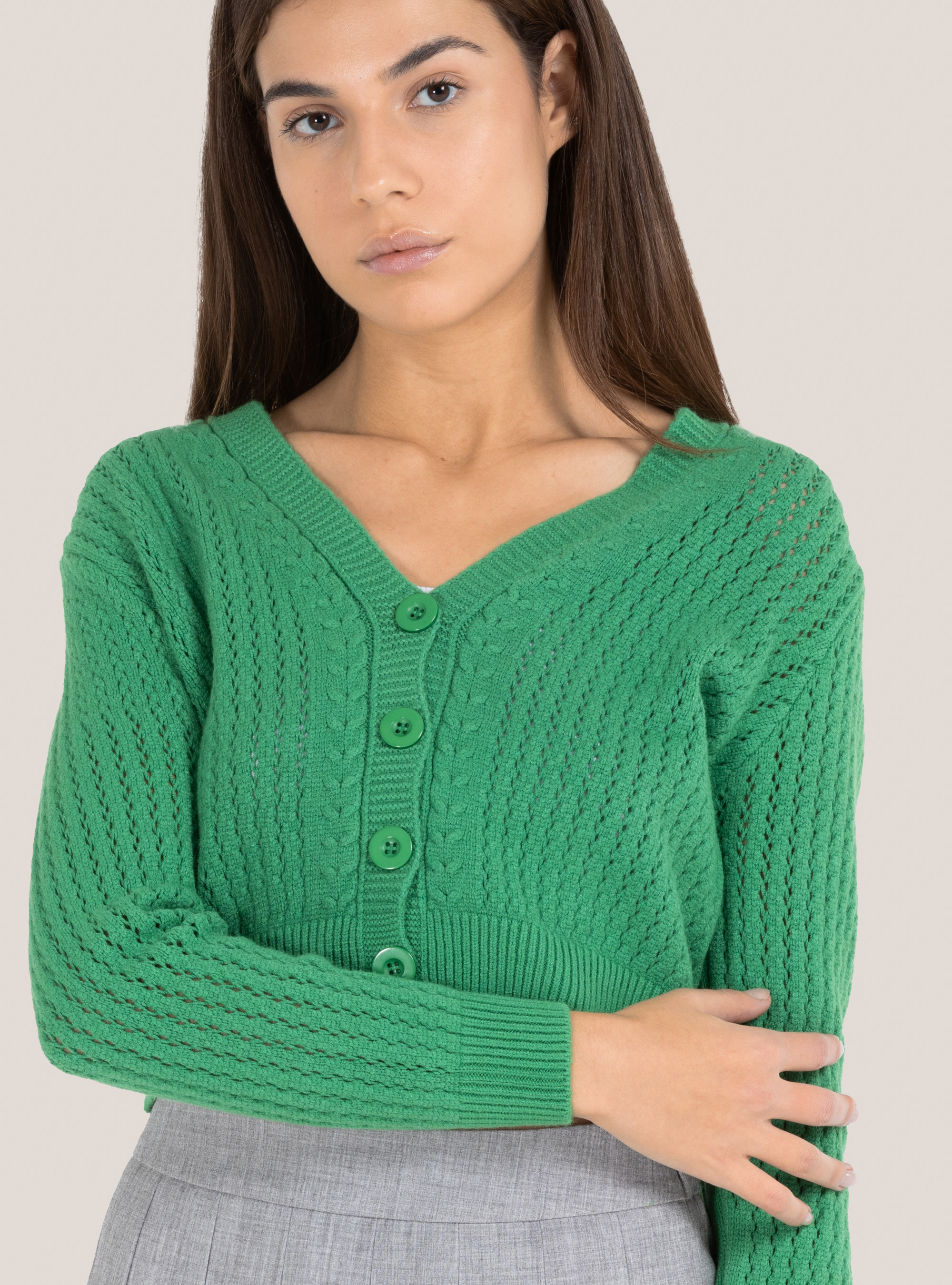 Cropped cardigan with buttons, GN2 MEDIUM GREEN