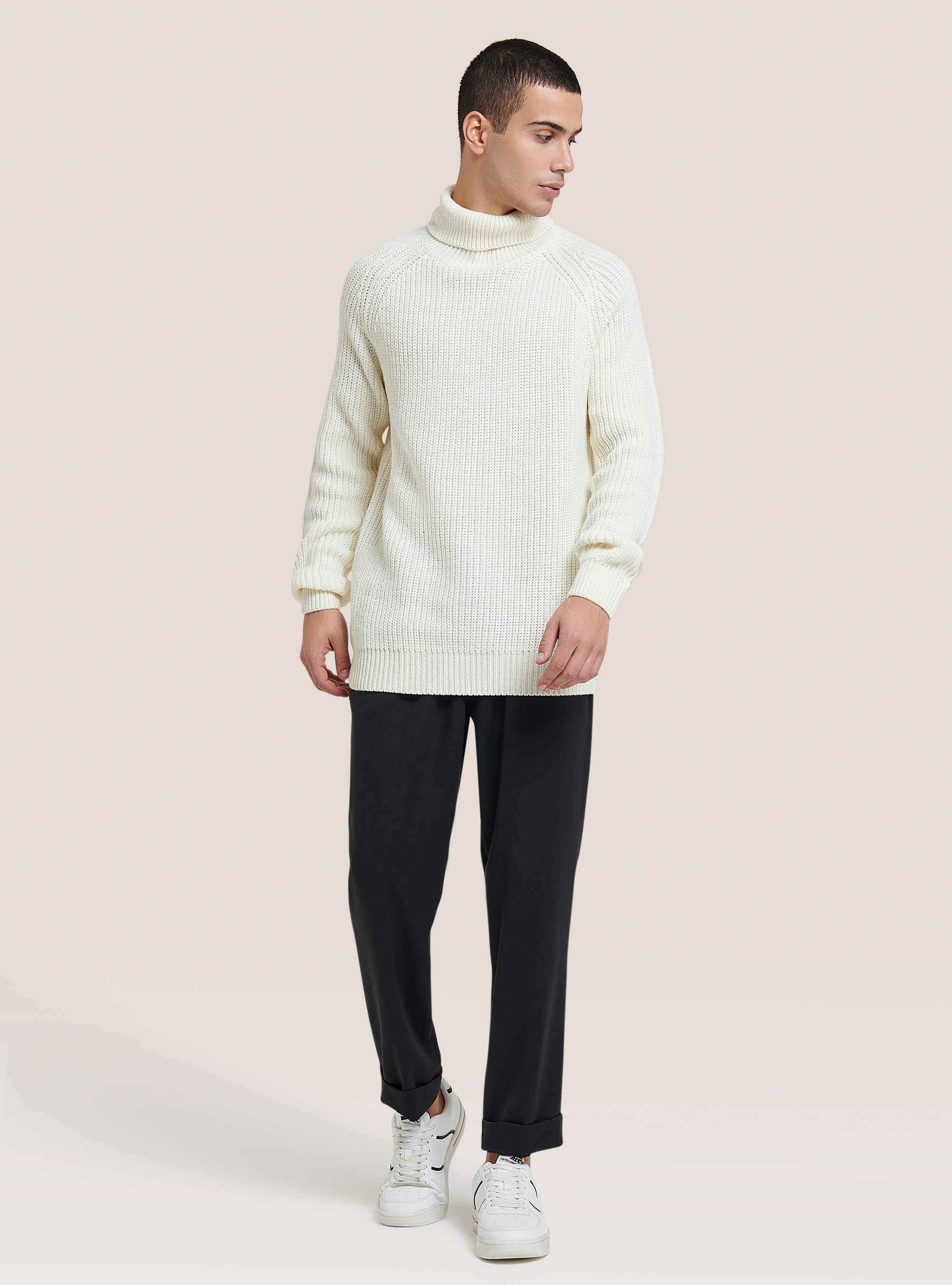 Pullover caldo collo alto a coste inglesi, WH2 WHITE