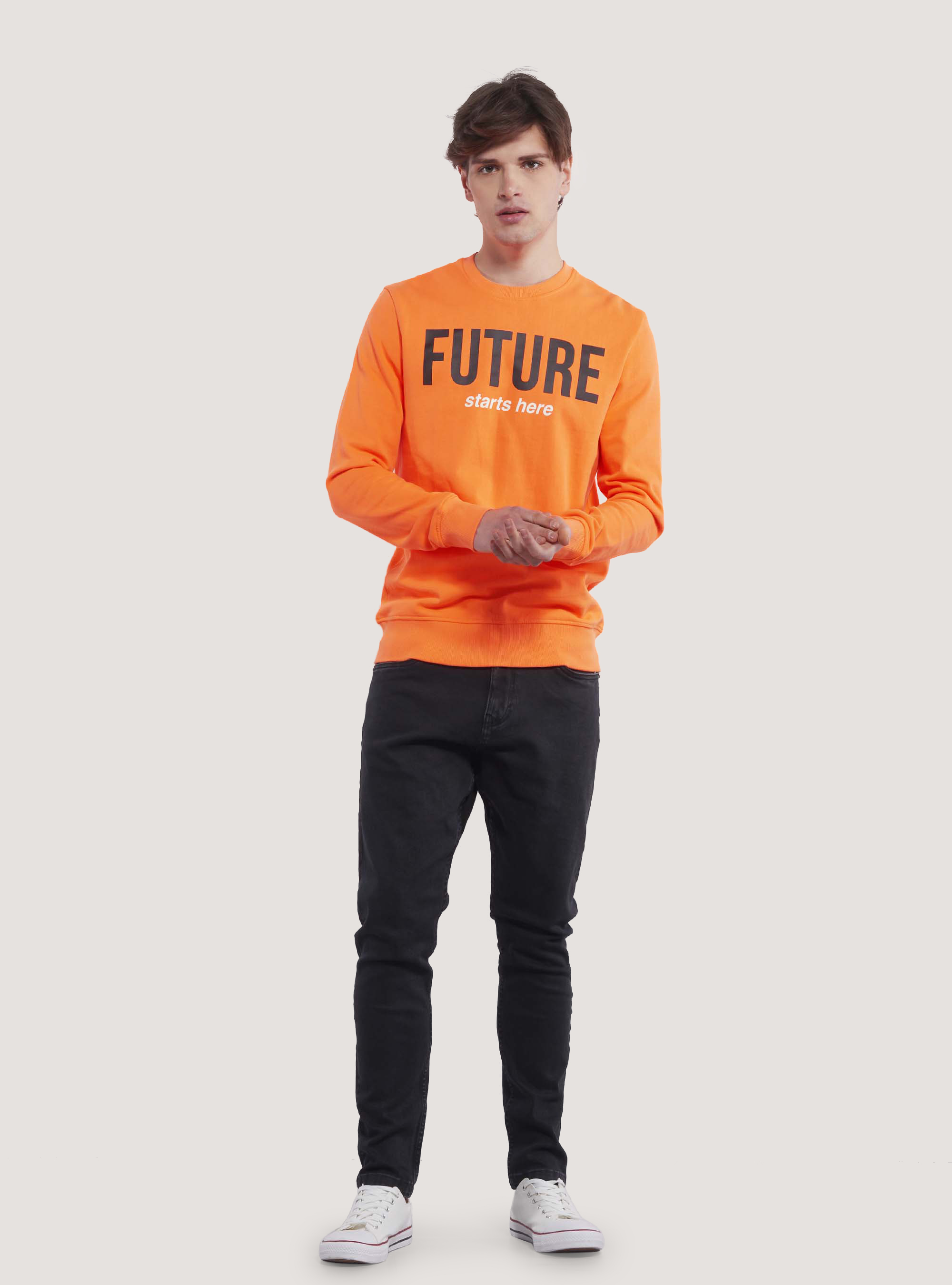 Fluo-Sweatshirt mit Rundhalsausschnitt und Slogan-Aufdruck, C378 ORANGE FLUO