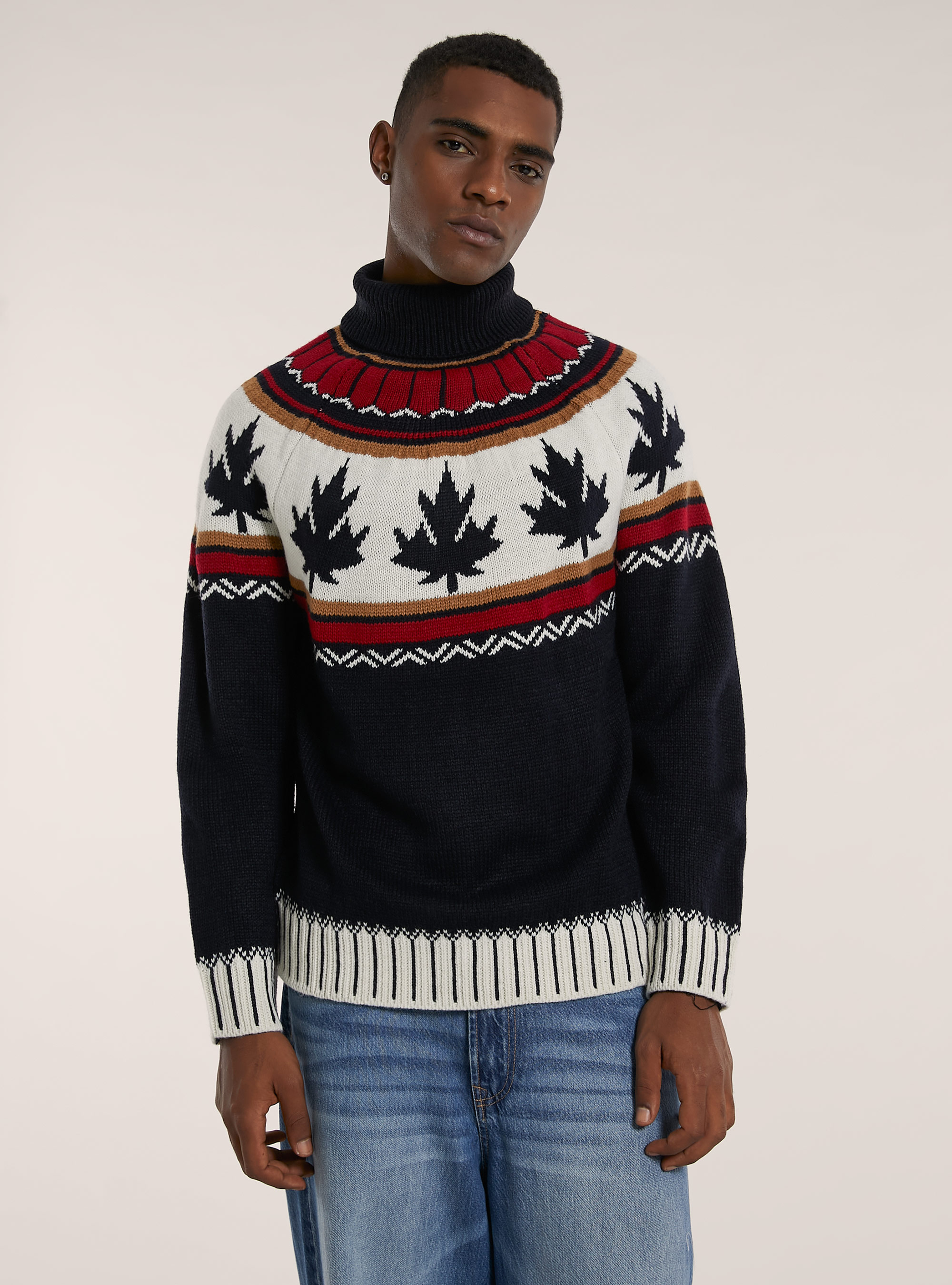 Jersey de cuello alto con motivo de la hoja de arce, AZUL MARINO