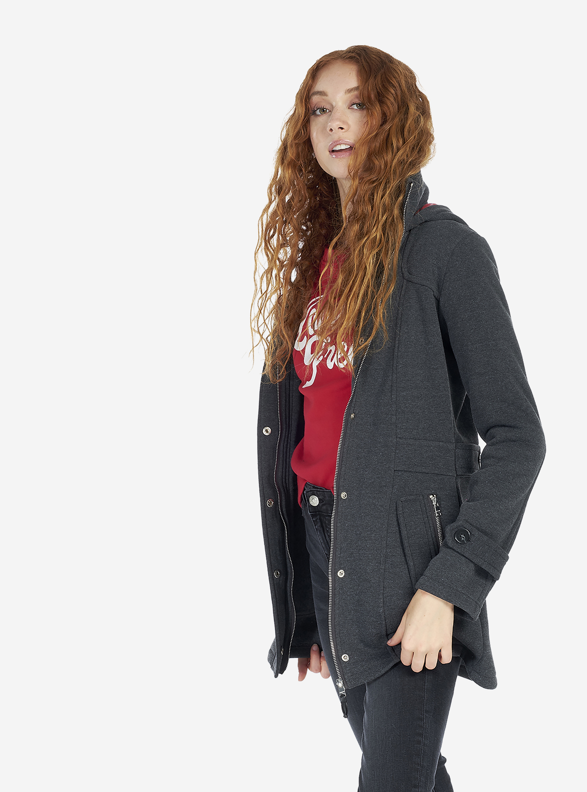 HOODED SWEATSHIRT COAT, GREY MELANGE