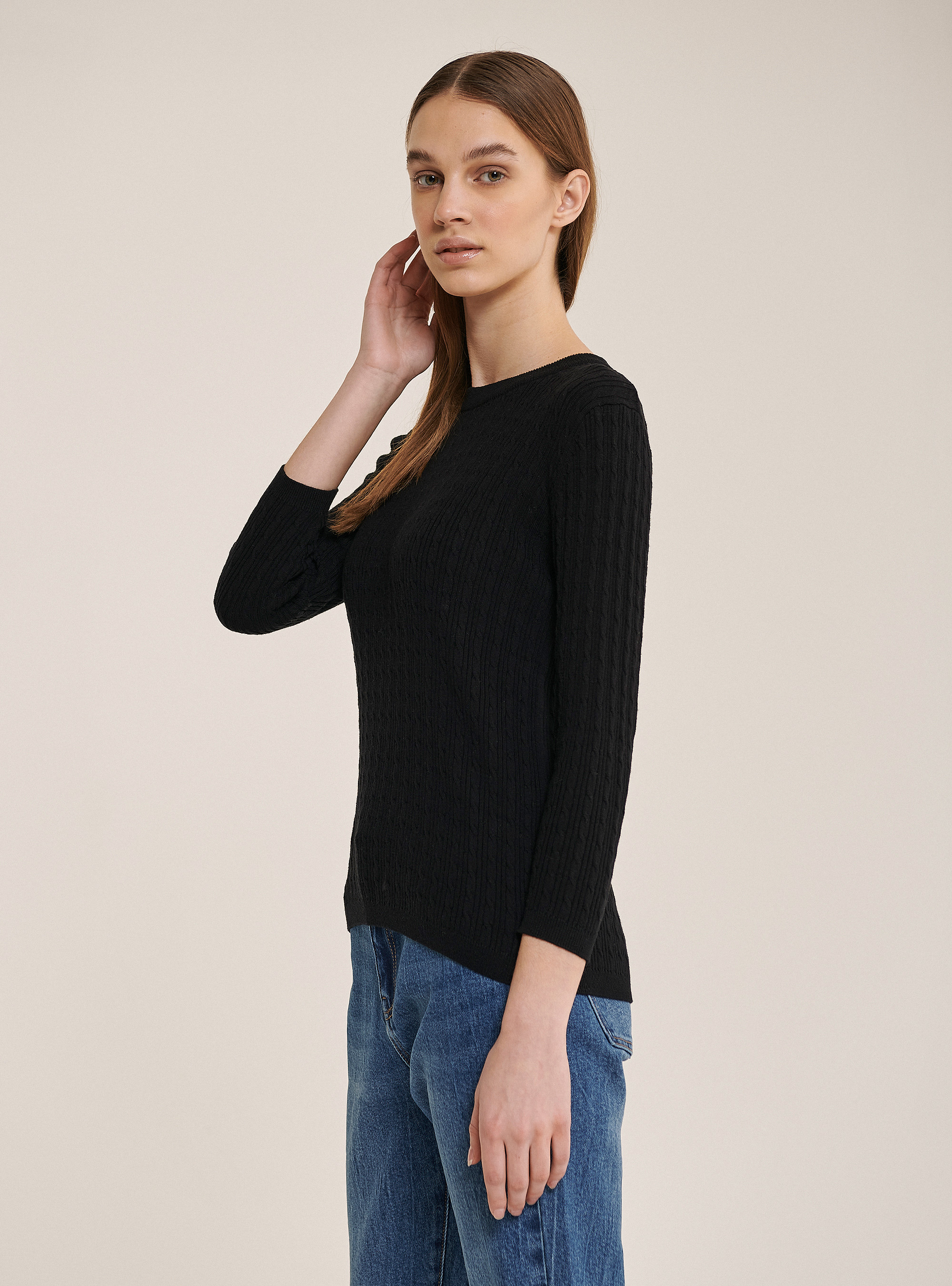 Pullover mit Rundhalsausschnitt und Zopfstrick, C101 BLACK