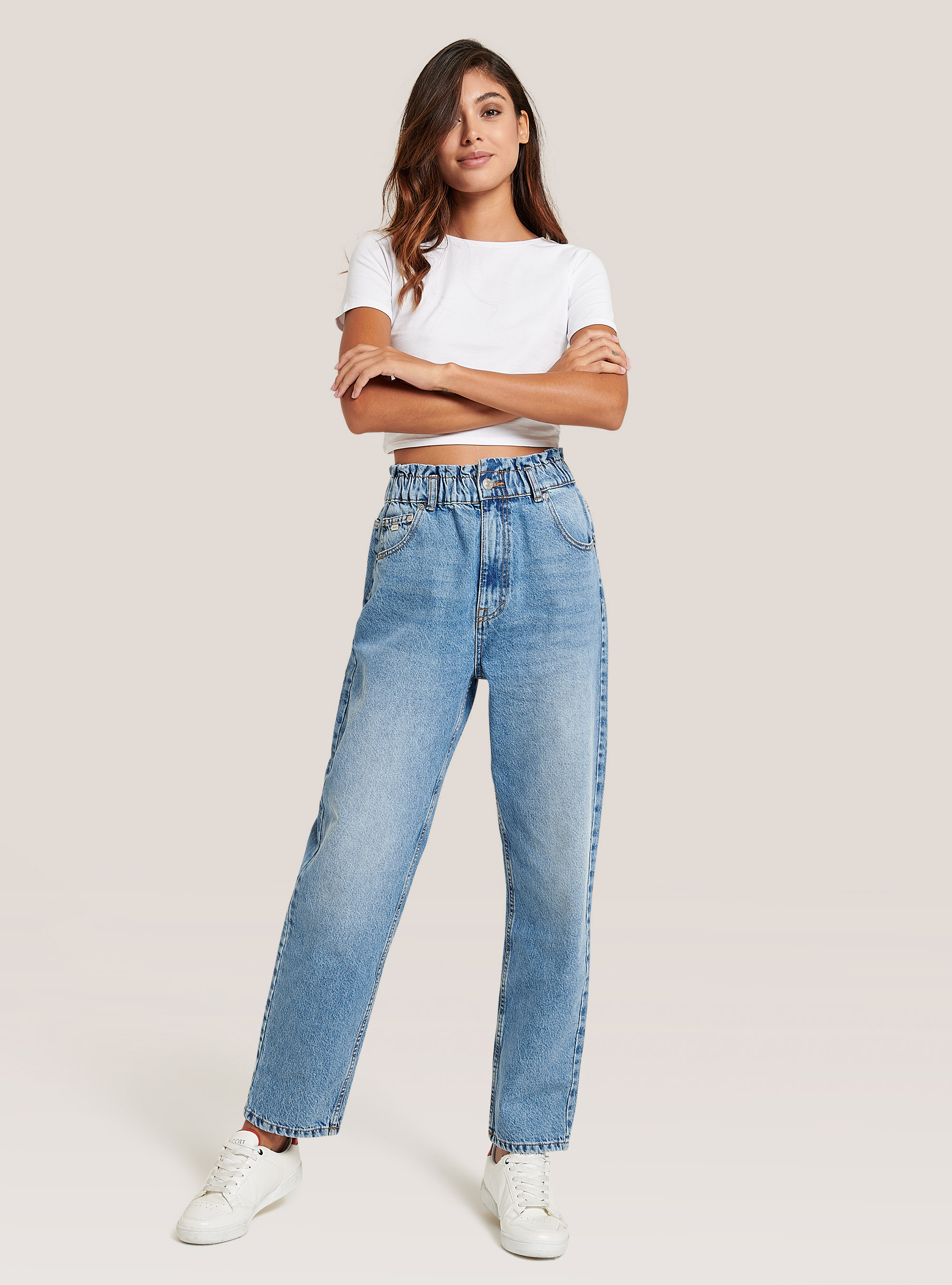 Jean slouchy avec taille &eacute;lastiqu&eacute;e en coton, C282 AZZURRE