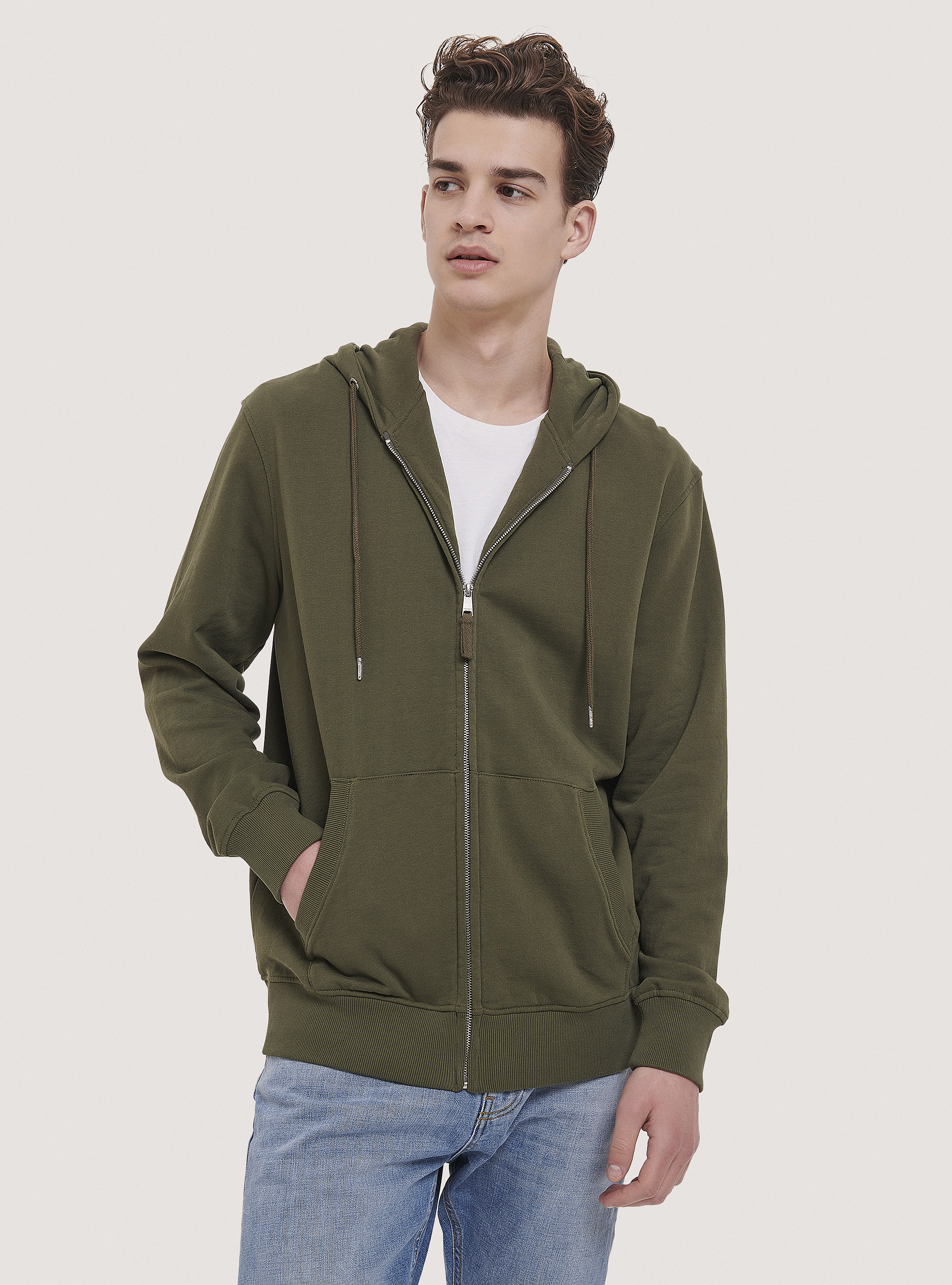 Basic hooded sweatshirt in cotton, C5587 KAKY