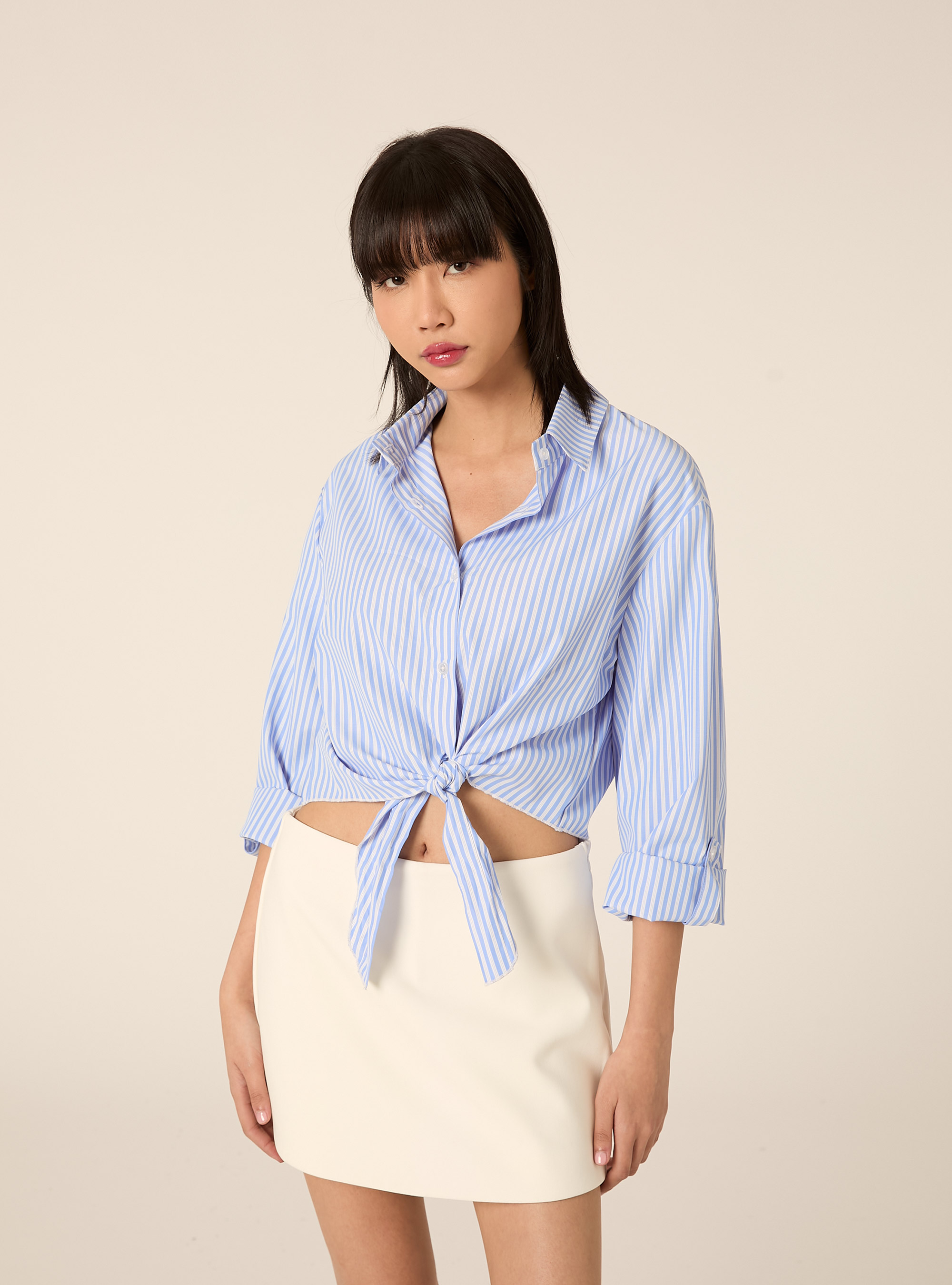 Camicia crop a righe con nodo, AZ3 AZURE LIGHT