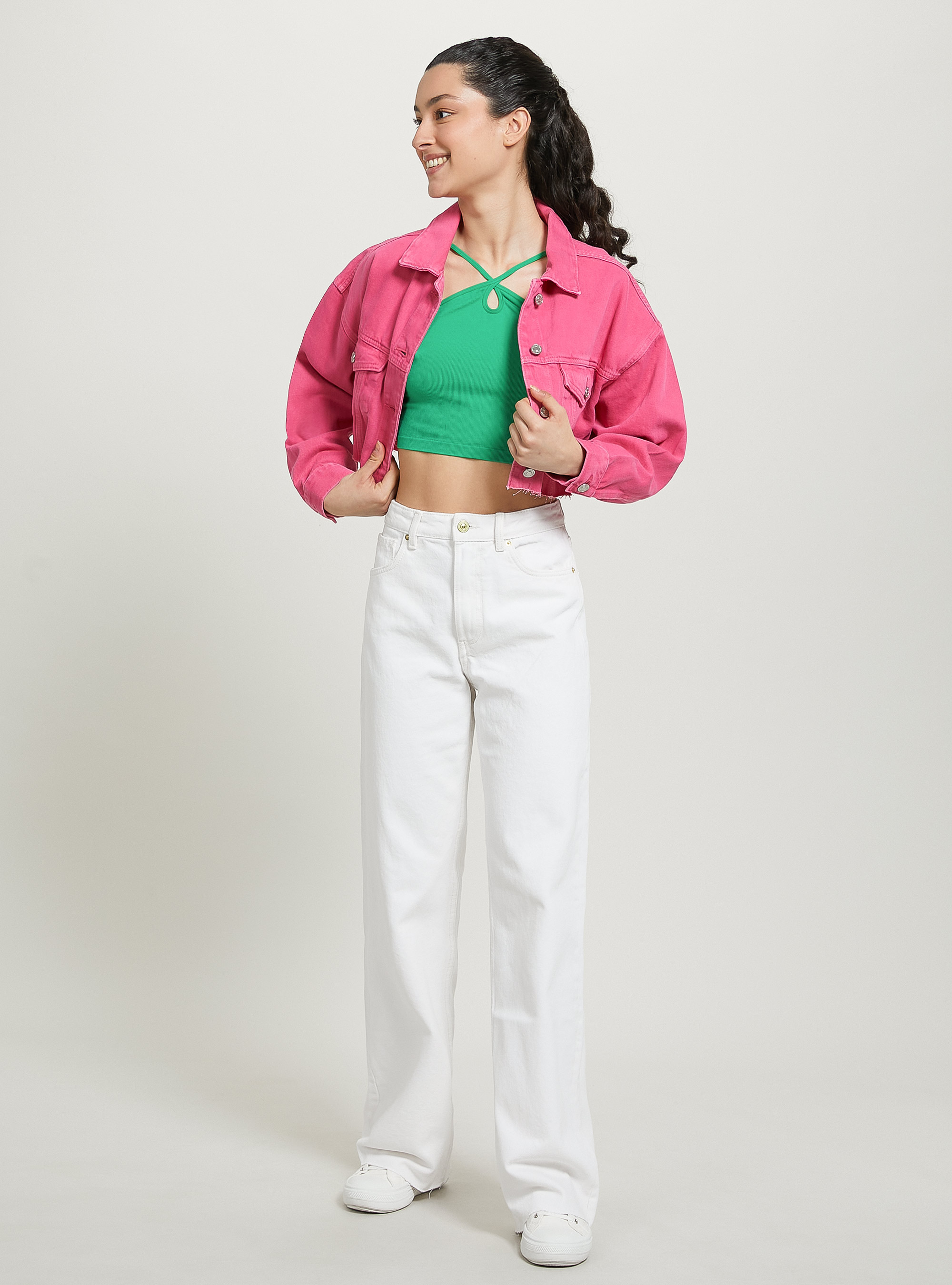 Giubbotto cropped in denim colorato, FX2 FUXIA MEDIUM