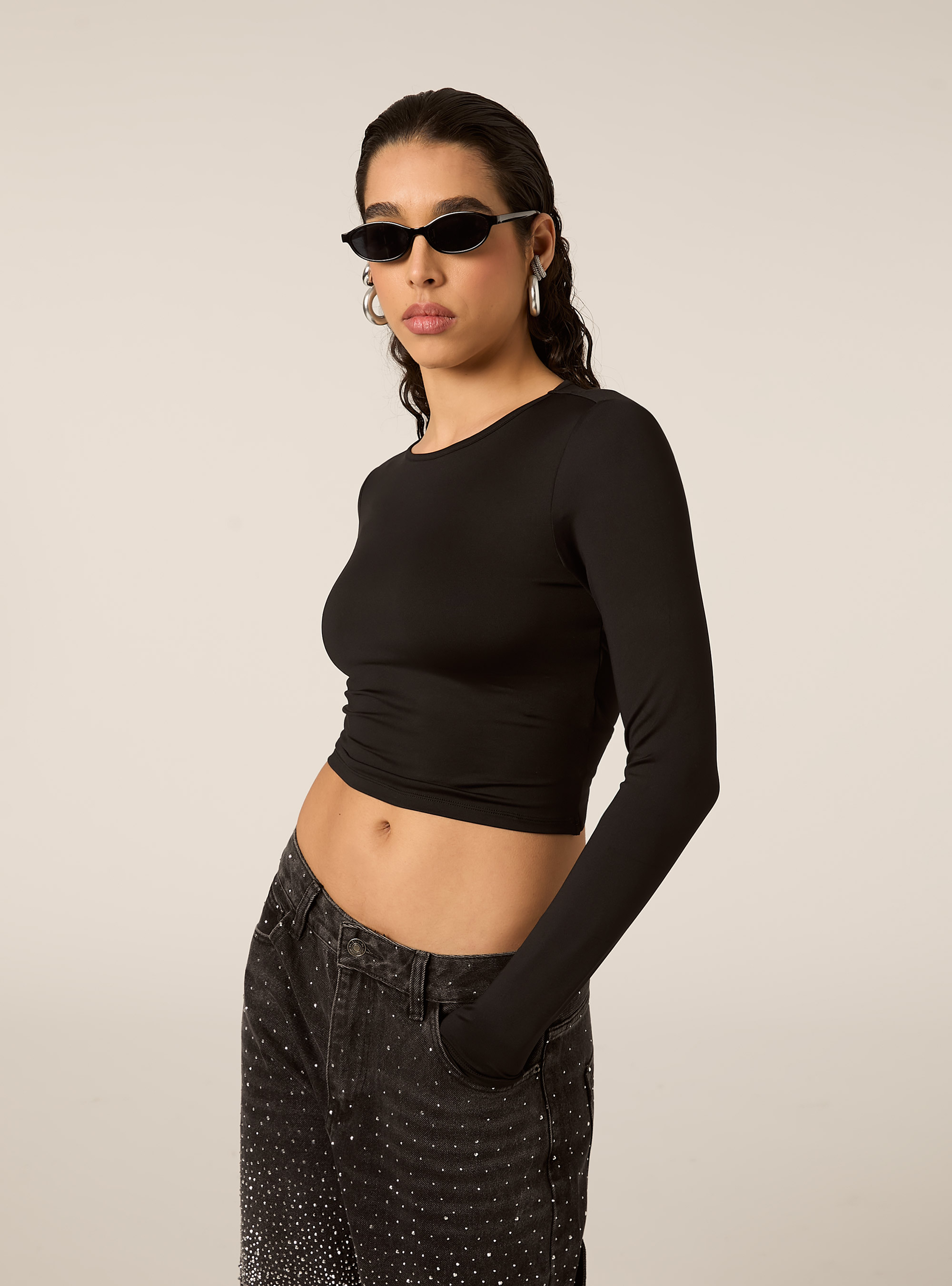 Maglia cropped con schiena scoperta, BK1 BLACK