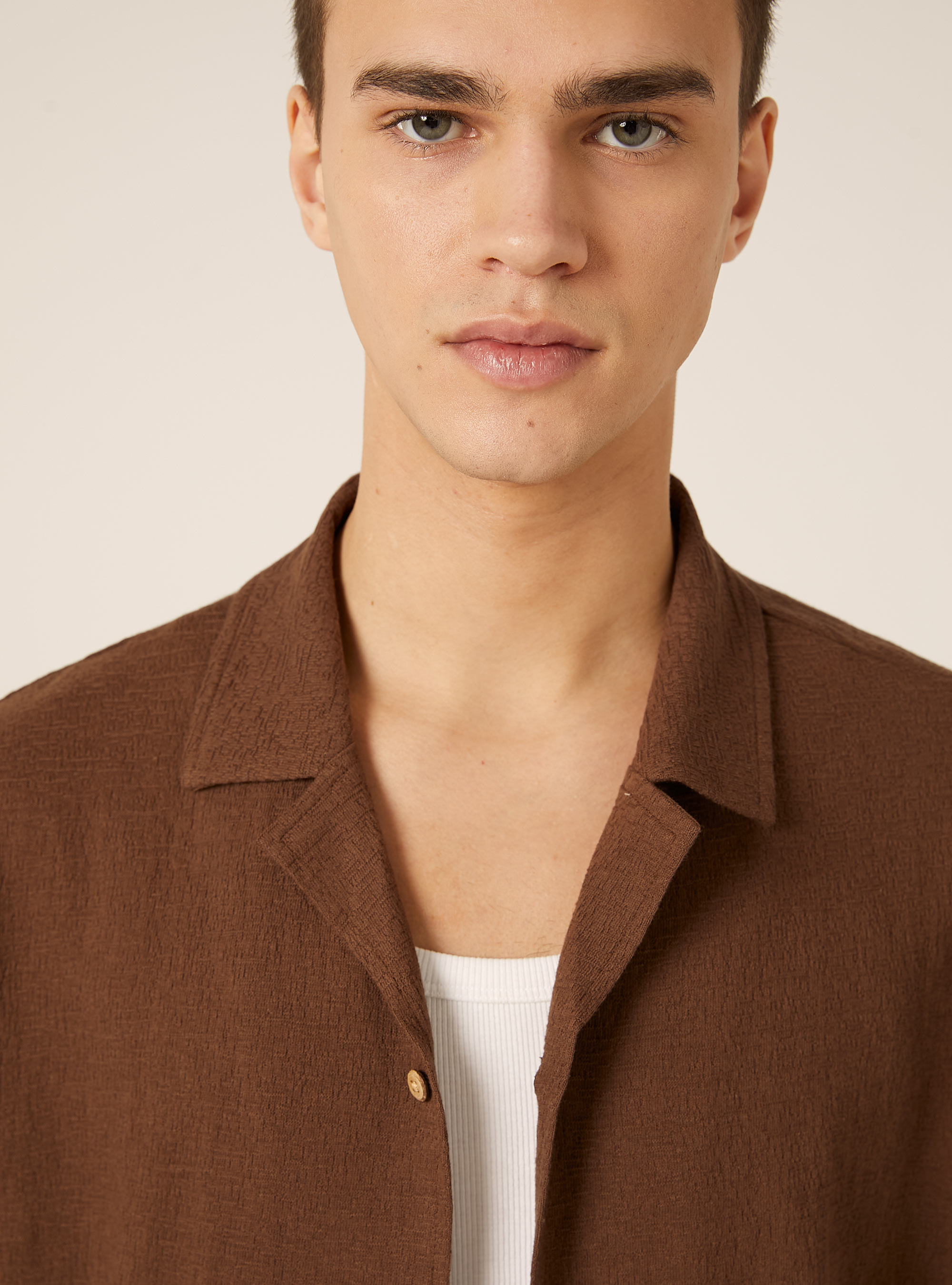 Camicia bowling in jersey texture regular fit, BR1 BROWN DARK