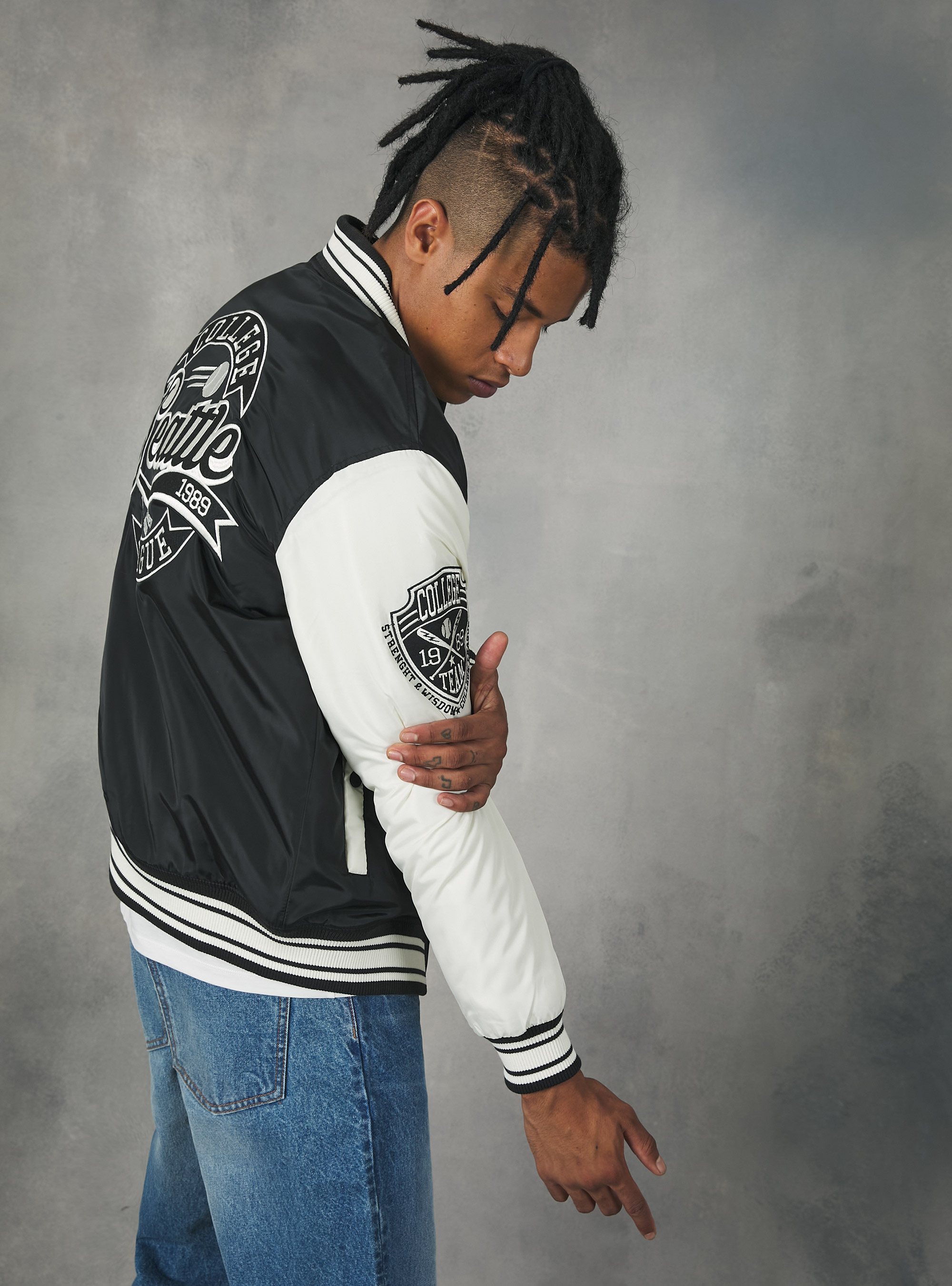 College-style bomber jacket with recycled padding, BK1 BLACK