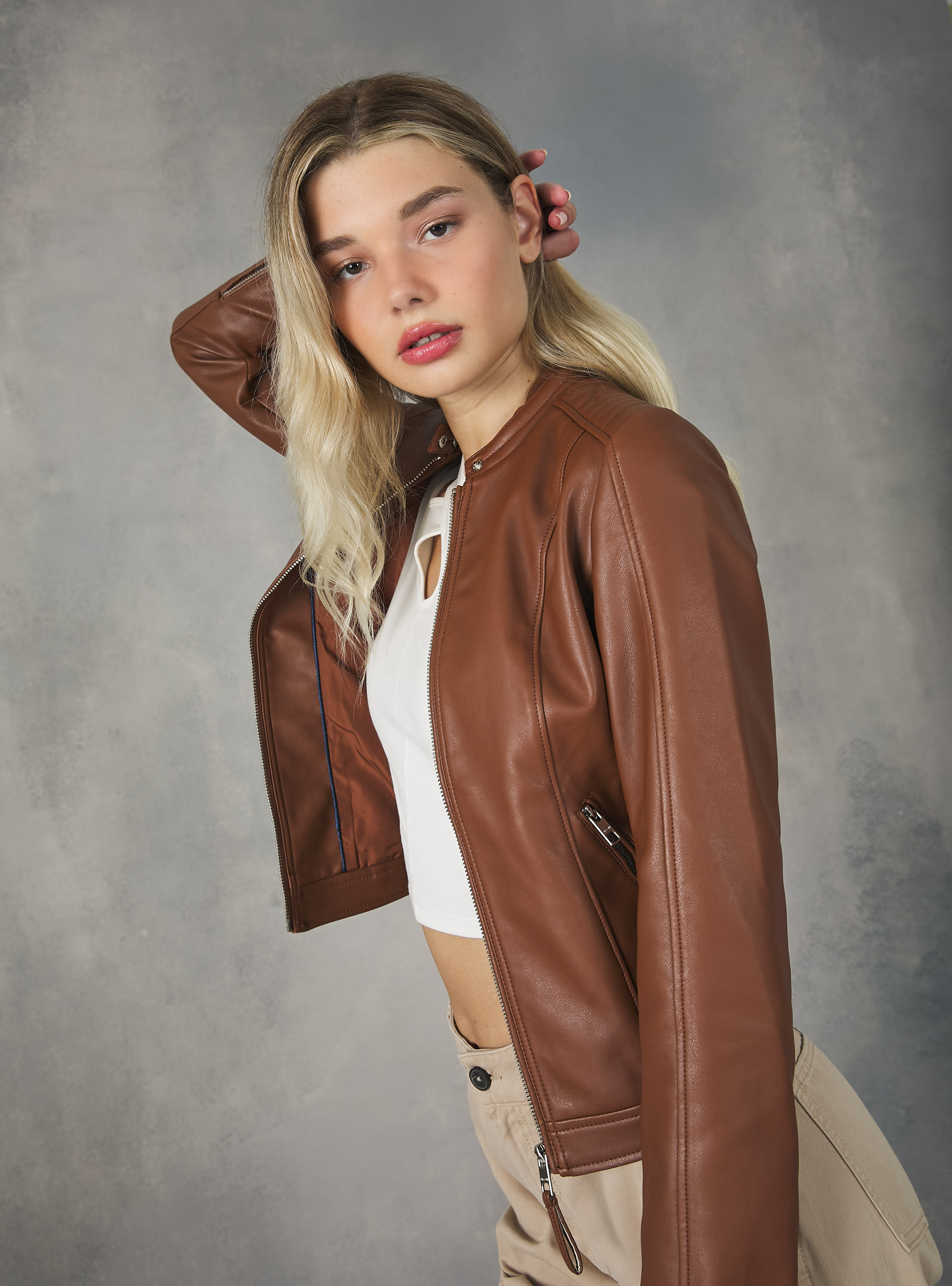 Leather-effect biker jacket, TB3 TOBACCO LIGHT