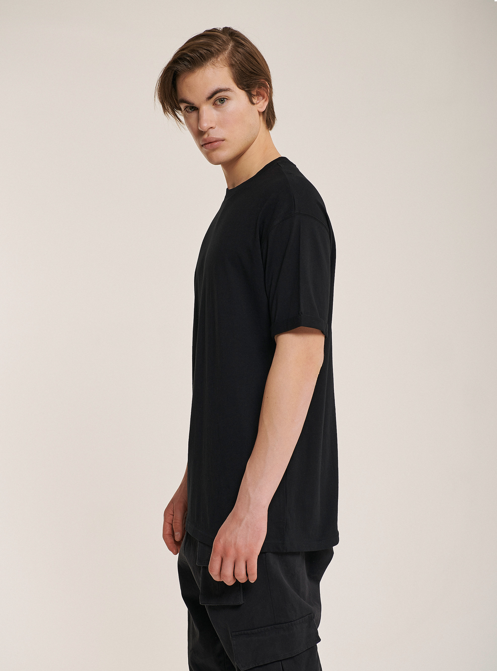 Maglietta girocollo in cotone oversize, NERO