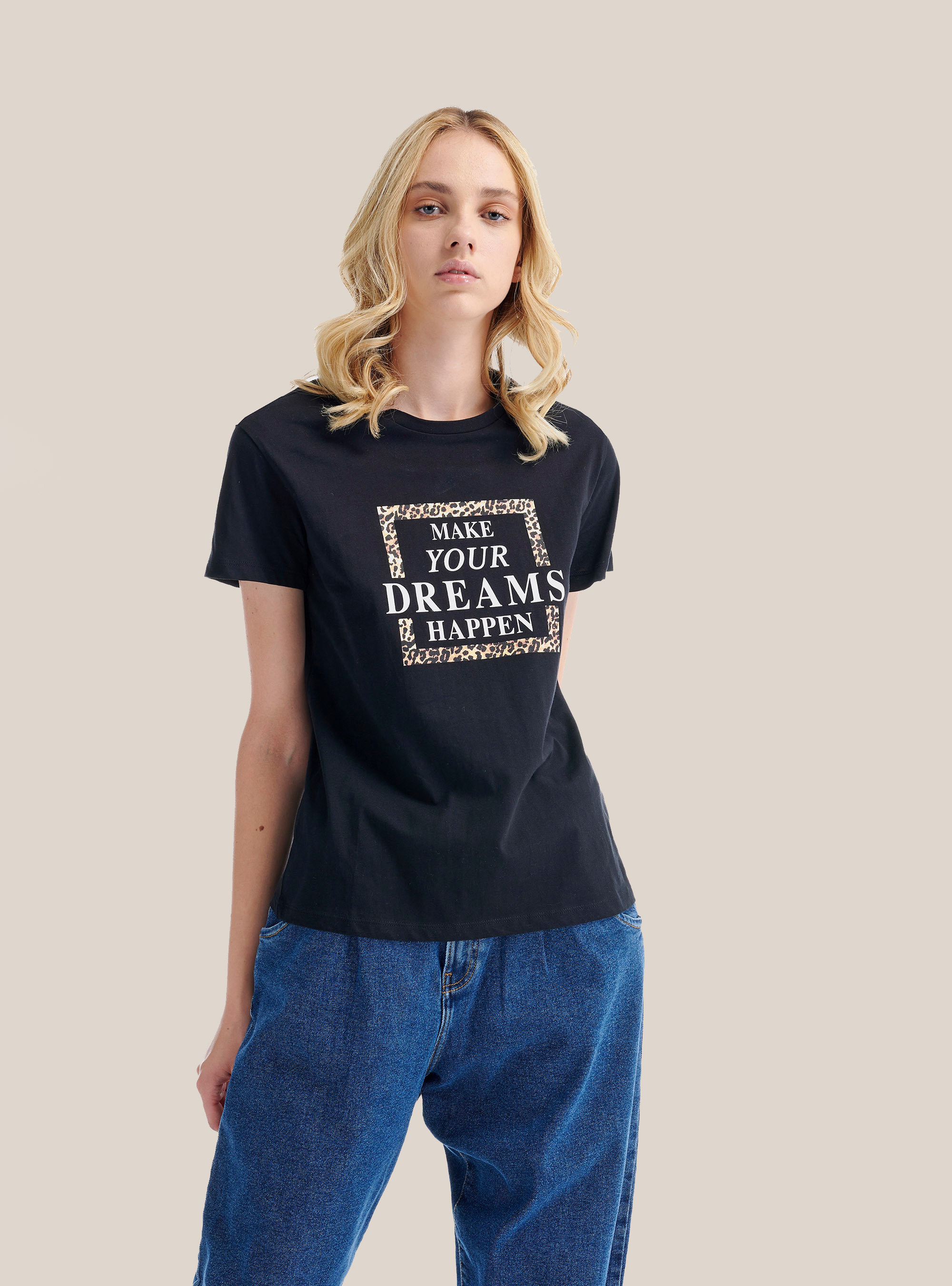 T-shirt en coton avec impression de lettres d'animaux, C101 BLACK