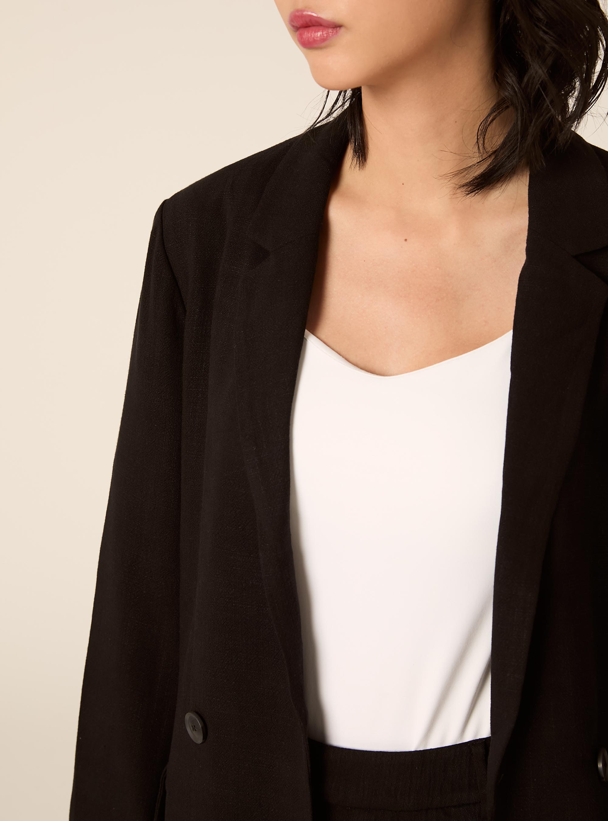 Blazer doppiopetto in misto lino, BK1 BLACK