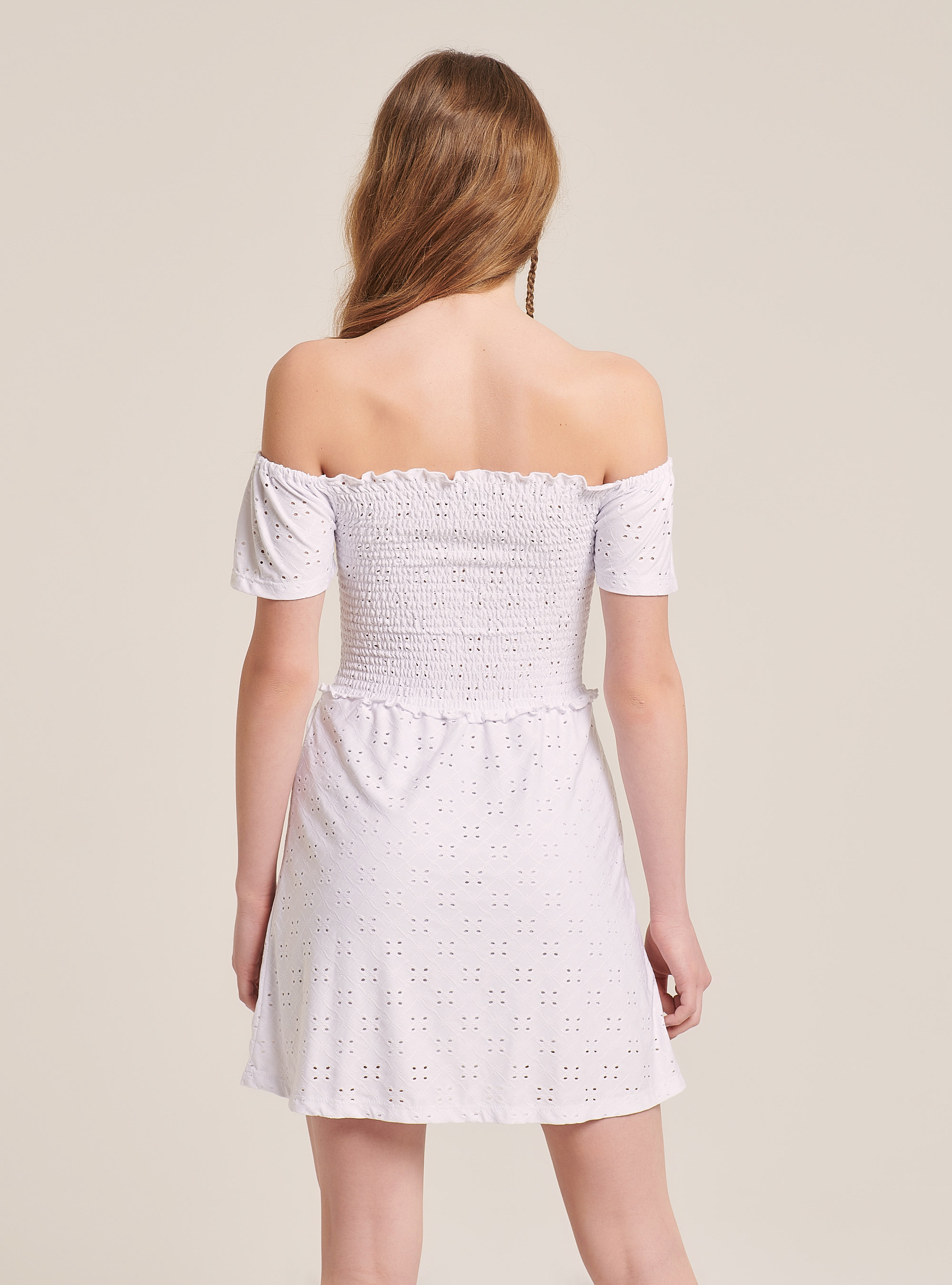 Crochet dress with bardot neckline, WHITE