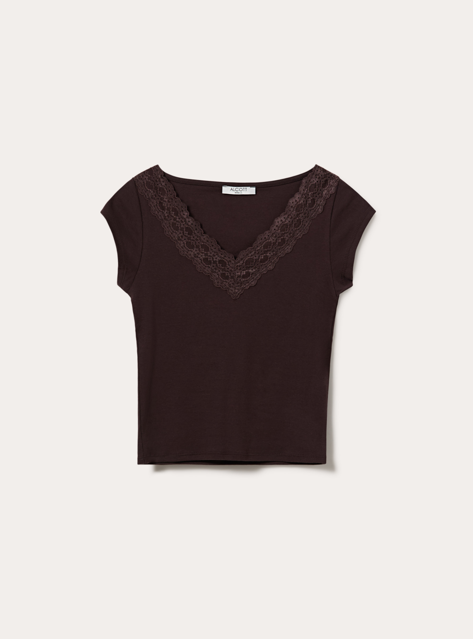 T-shirt con scollo a v in pizzo, BR1 BROWN DARK