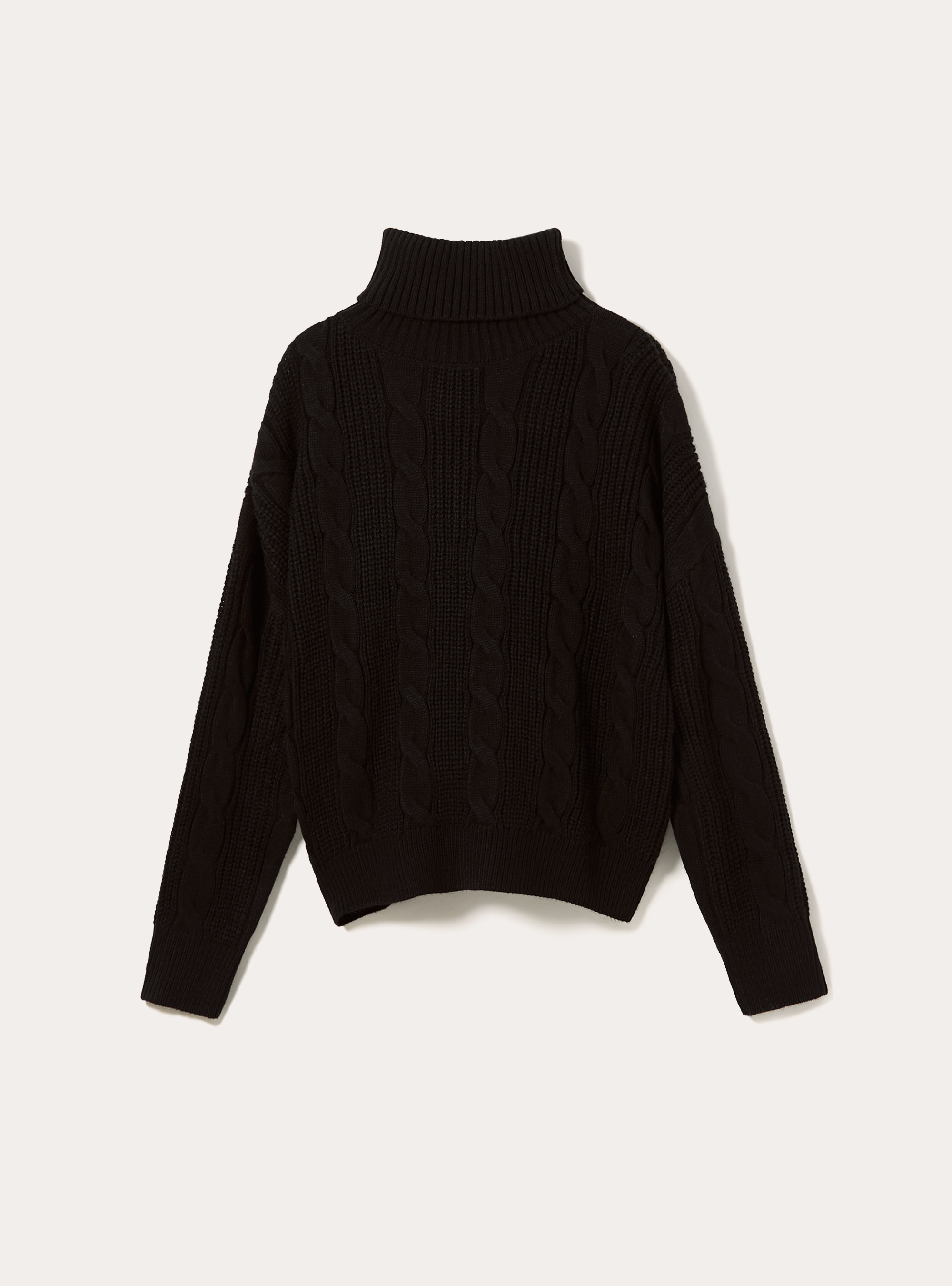 High-neck pullover with cable knit, BK1 BLACK