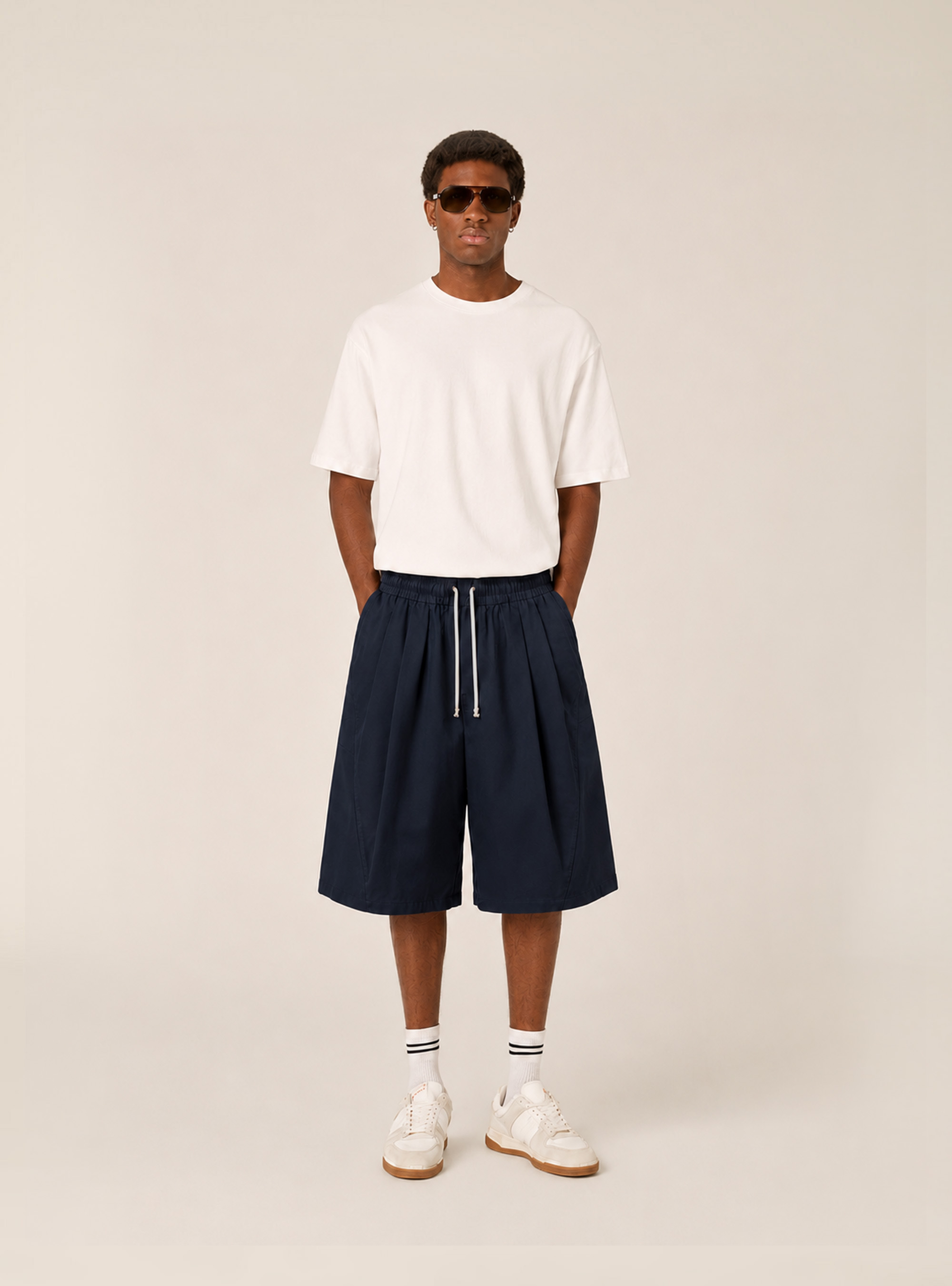 Bermuda baggy con pince misto cotone, NAVY SCURO