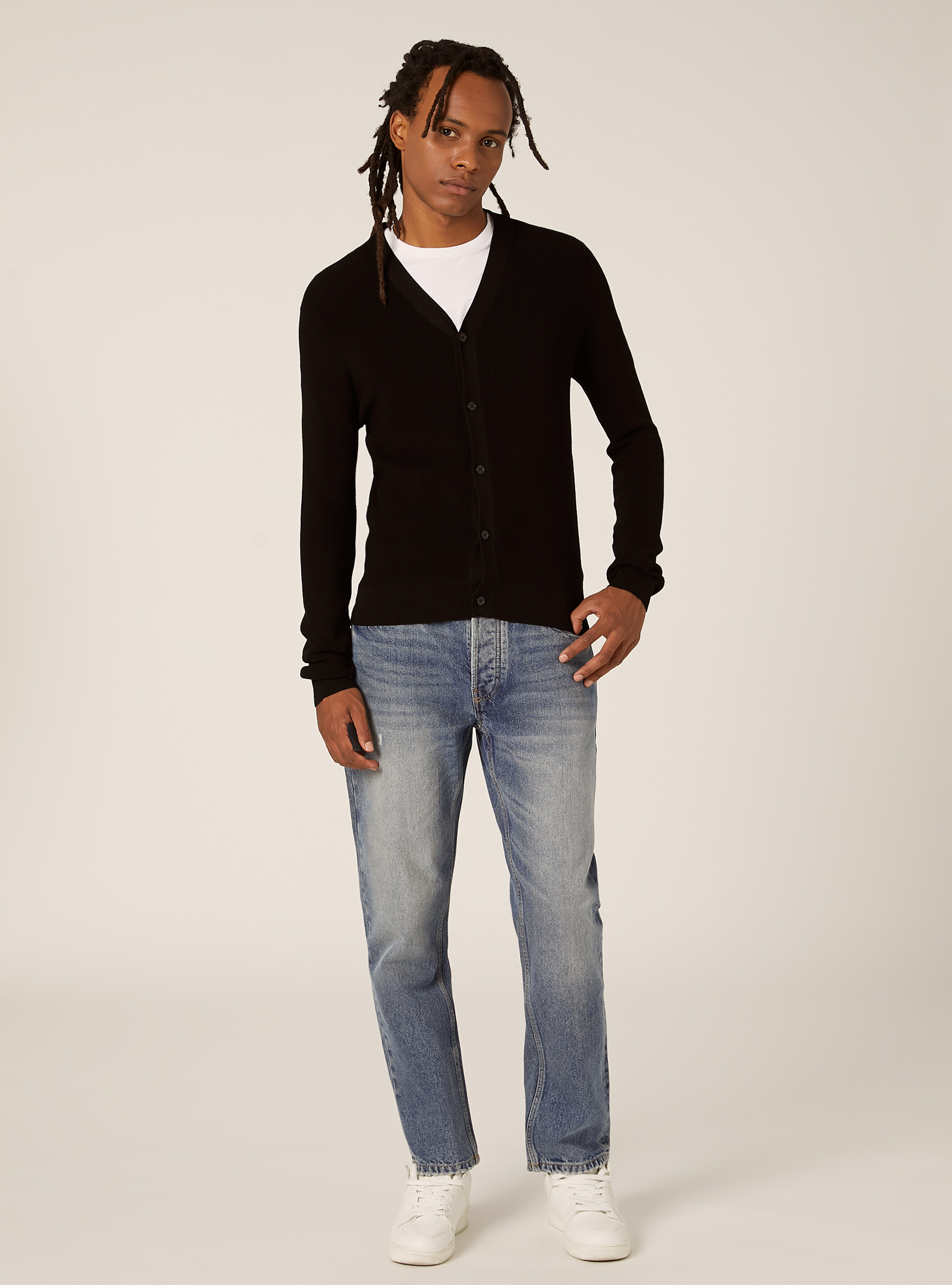 Lightweight cardigan in English rib knit, BK1 BLACK