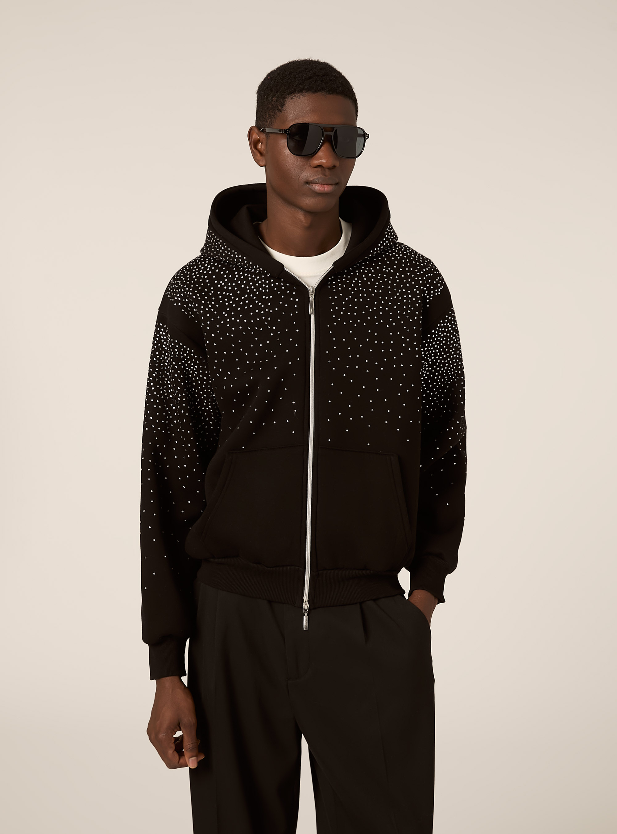 Cardigan cappuccio con strass boxy fit, BK1 BLACK