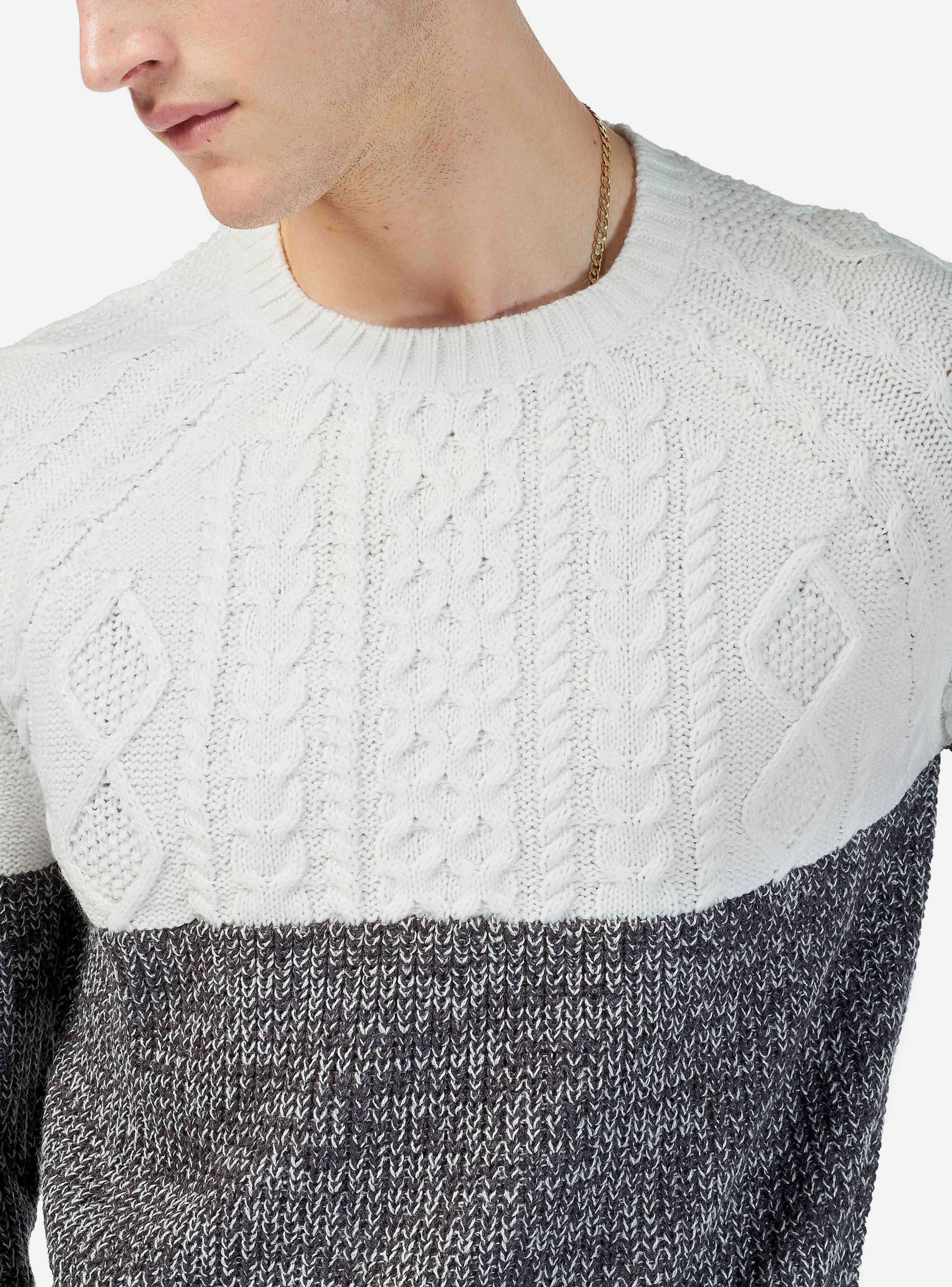 BRAIDED COLOR BLOCK PULLOVER, OFF-WHITE