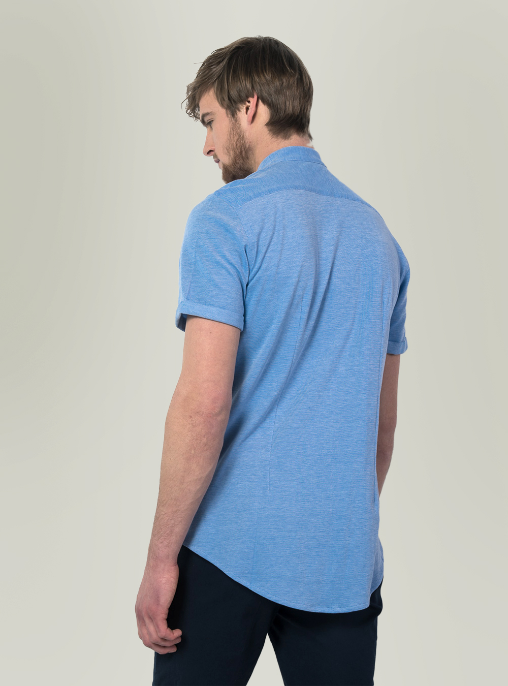 Camicia di piquet con collo coreano, AZURE