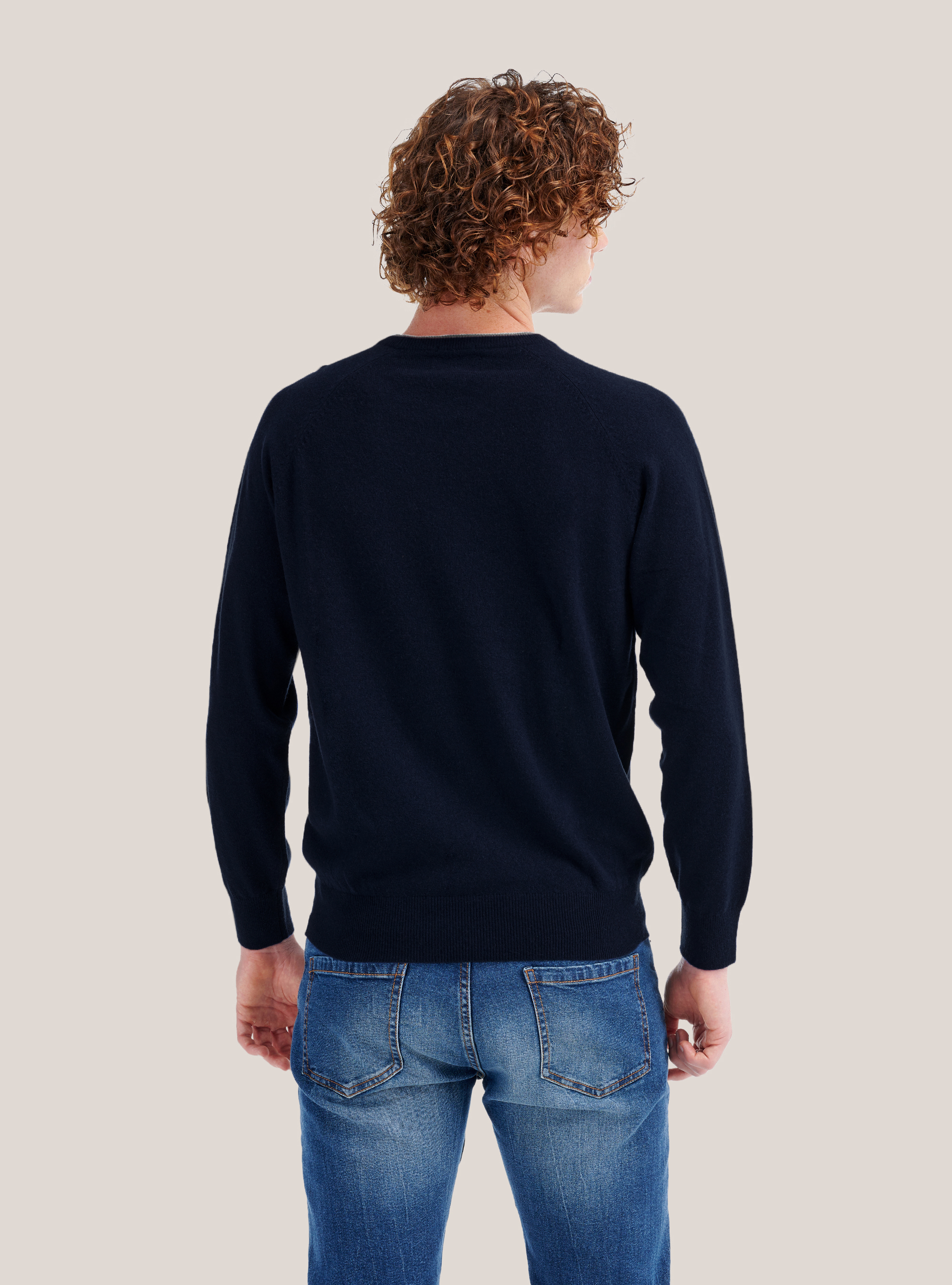 Jersey de cuello redondo con borde en contraste, AZUL MARINO