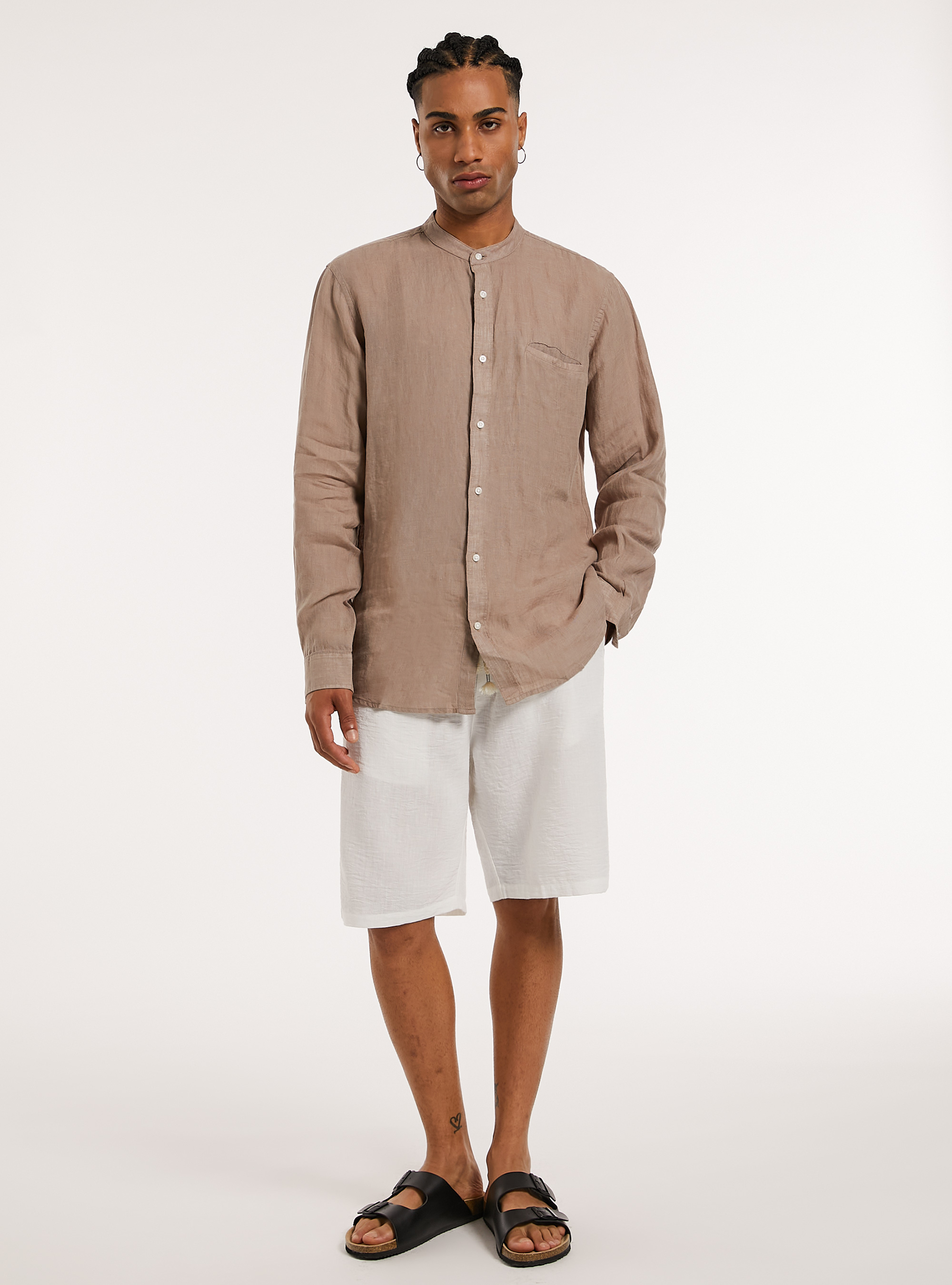 Camicia 100% lino collo coreano, BG1 BEIGE DARK