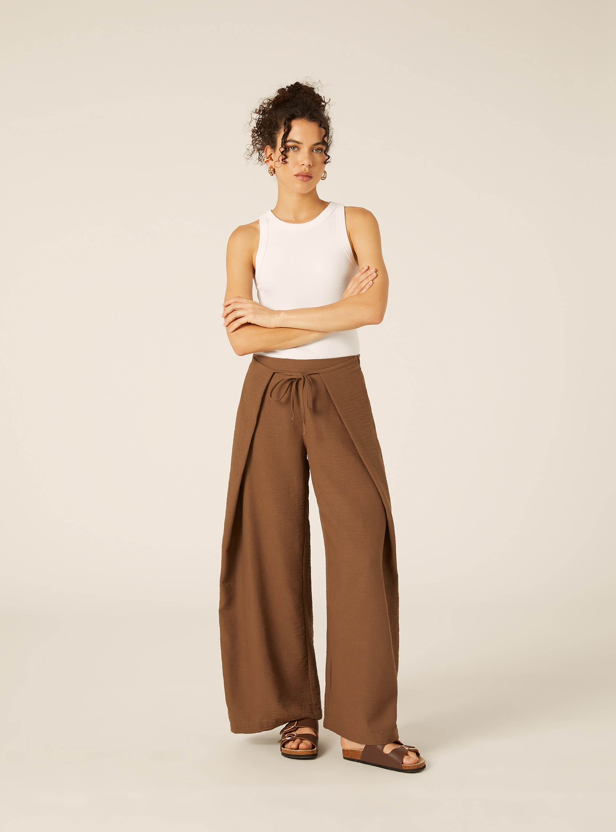 Pantaloni da gaucho effetto crepe, BR2 BROWN MEDIUM