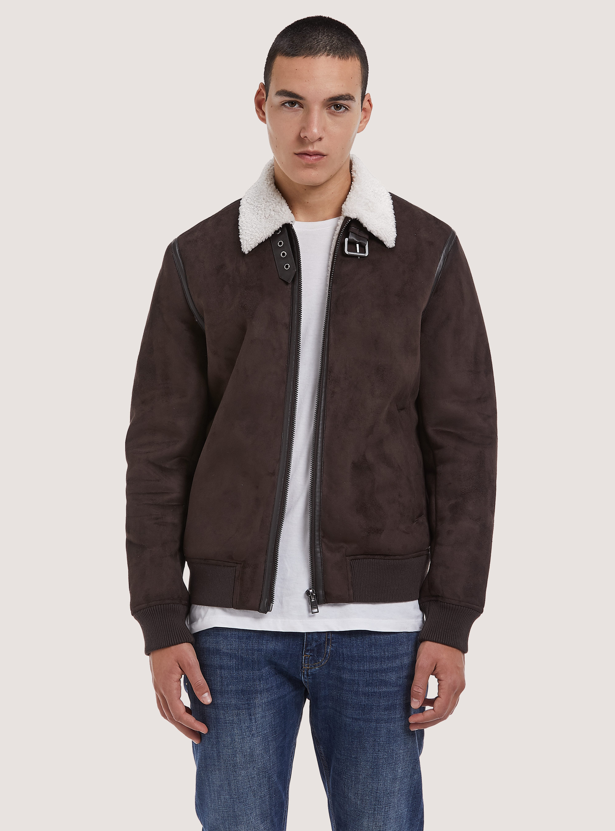 Giubbotto effetto suede con collo agnellato, BR1 BROWN DARK