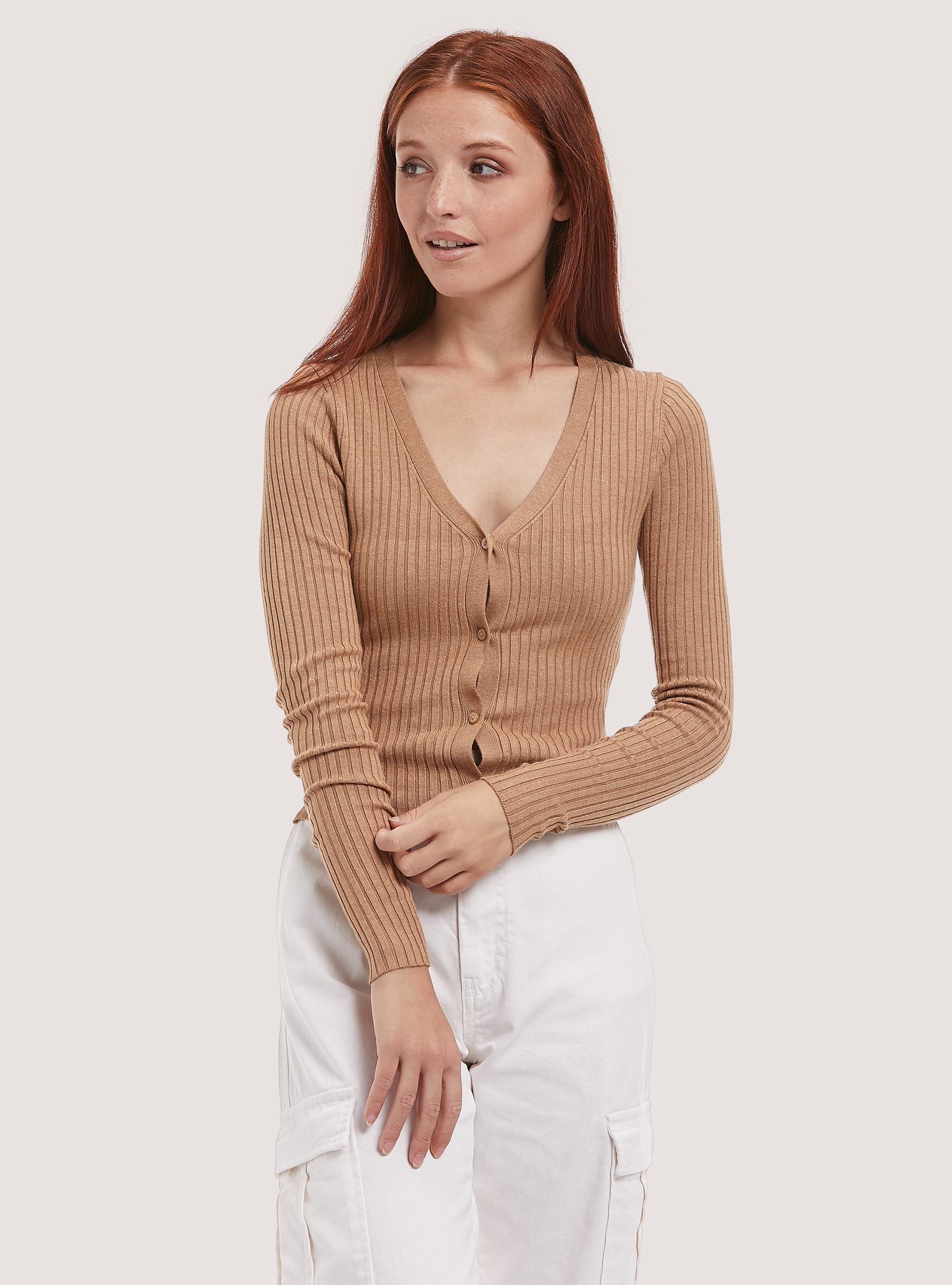 Cardigan cropped pullover cotelé, MBG2 BEIGE MEL MED
