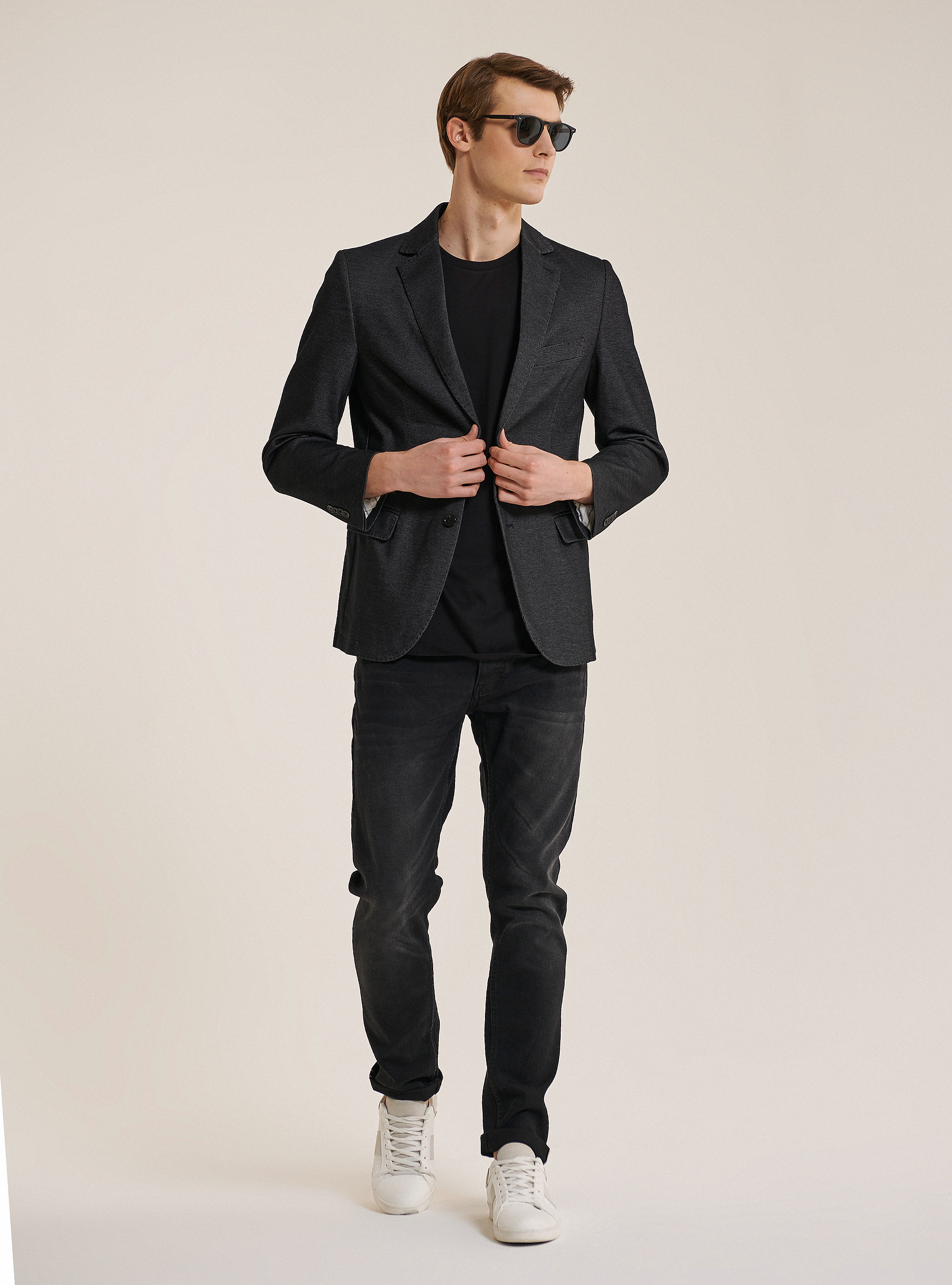 Blazer in cotone piquet, NERO