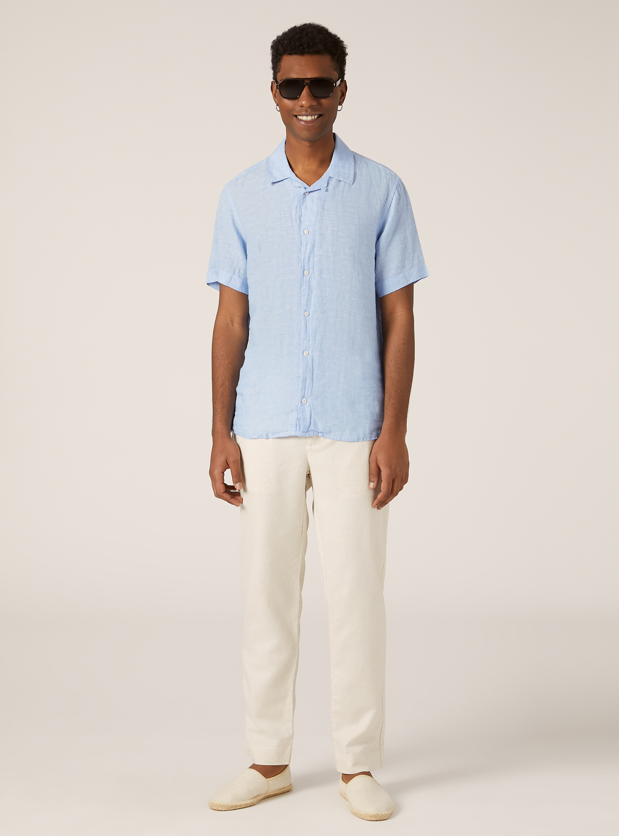 Camisa de manga corta de puro lino, CELESTE