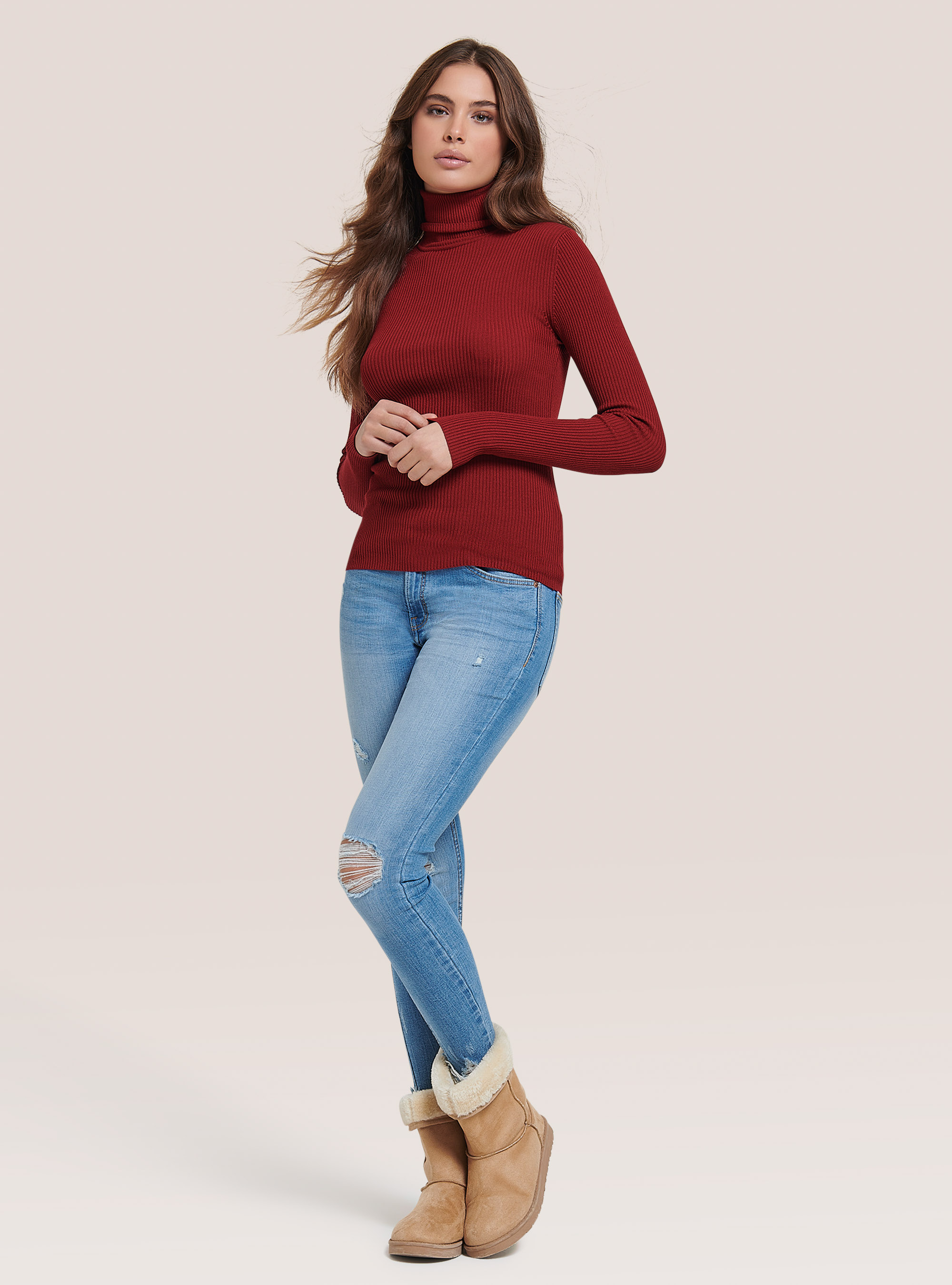 Ribbed turtleneck pullover, RED