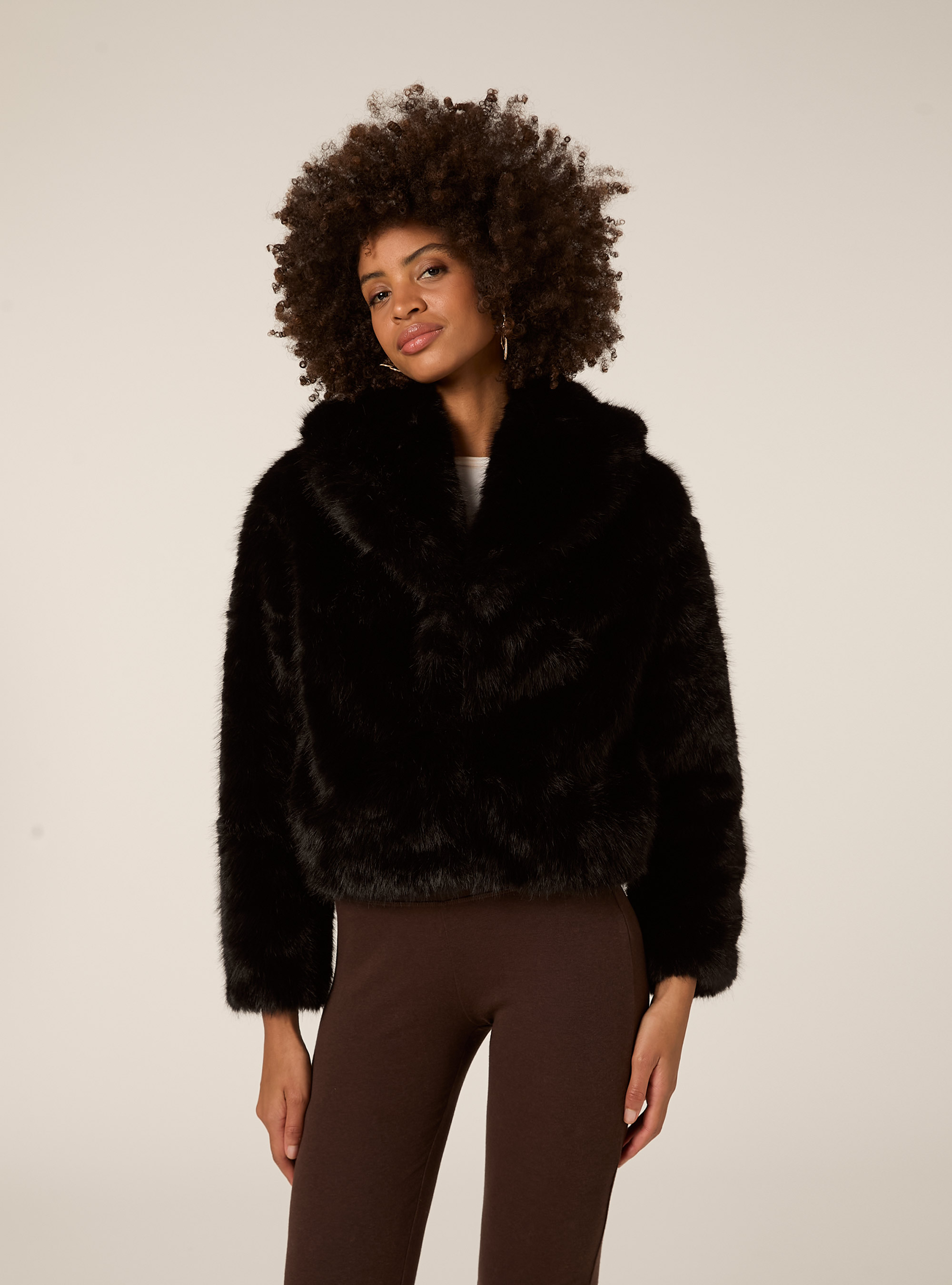 Pelliccia sintetica collo cappuccio, BK1 BLACK