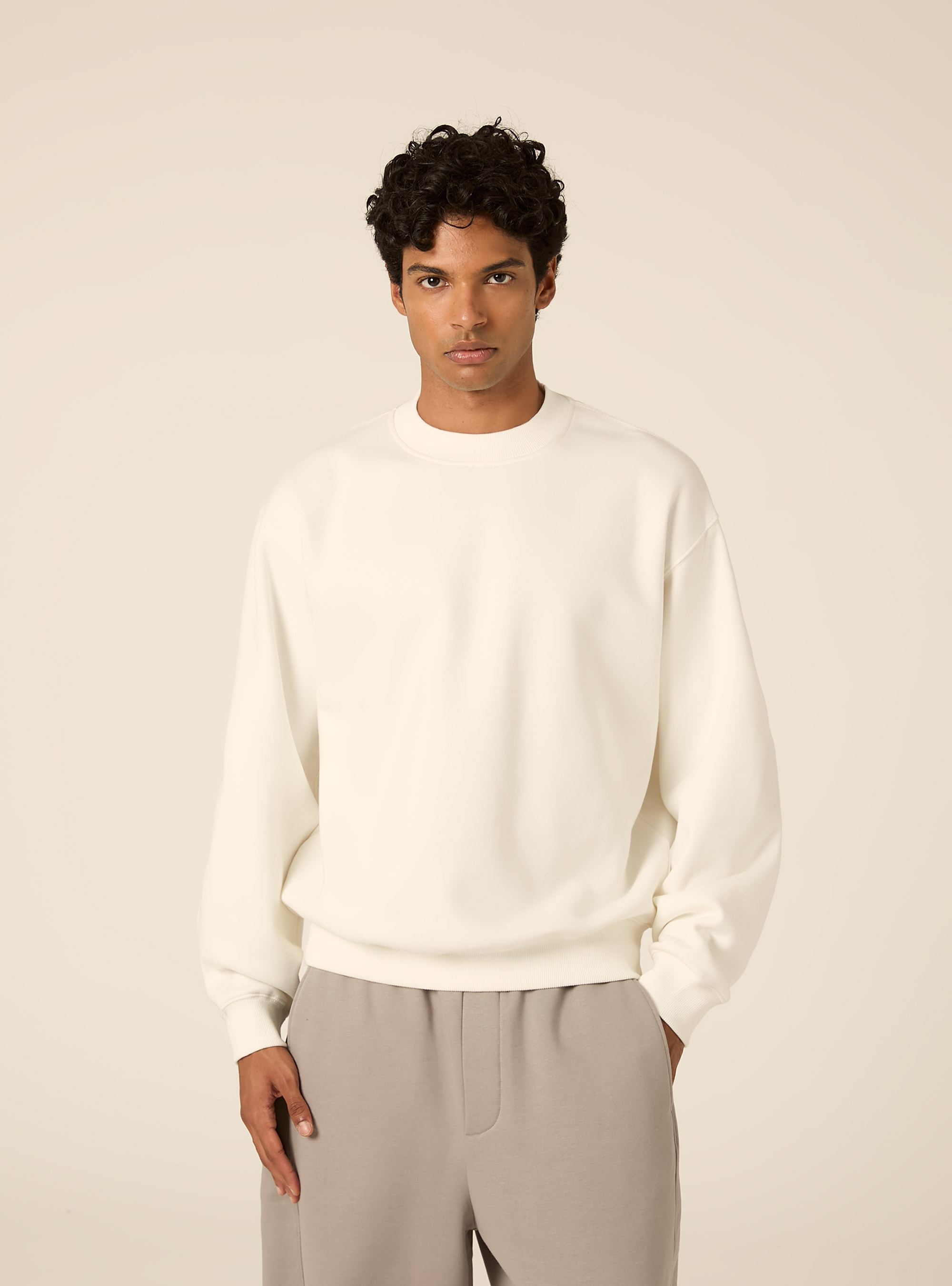 Sweat col rond basique coupe boxy, WH2 WHITE