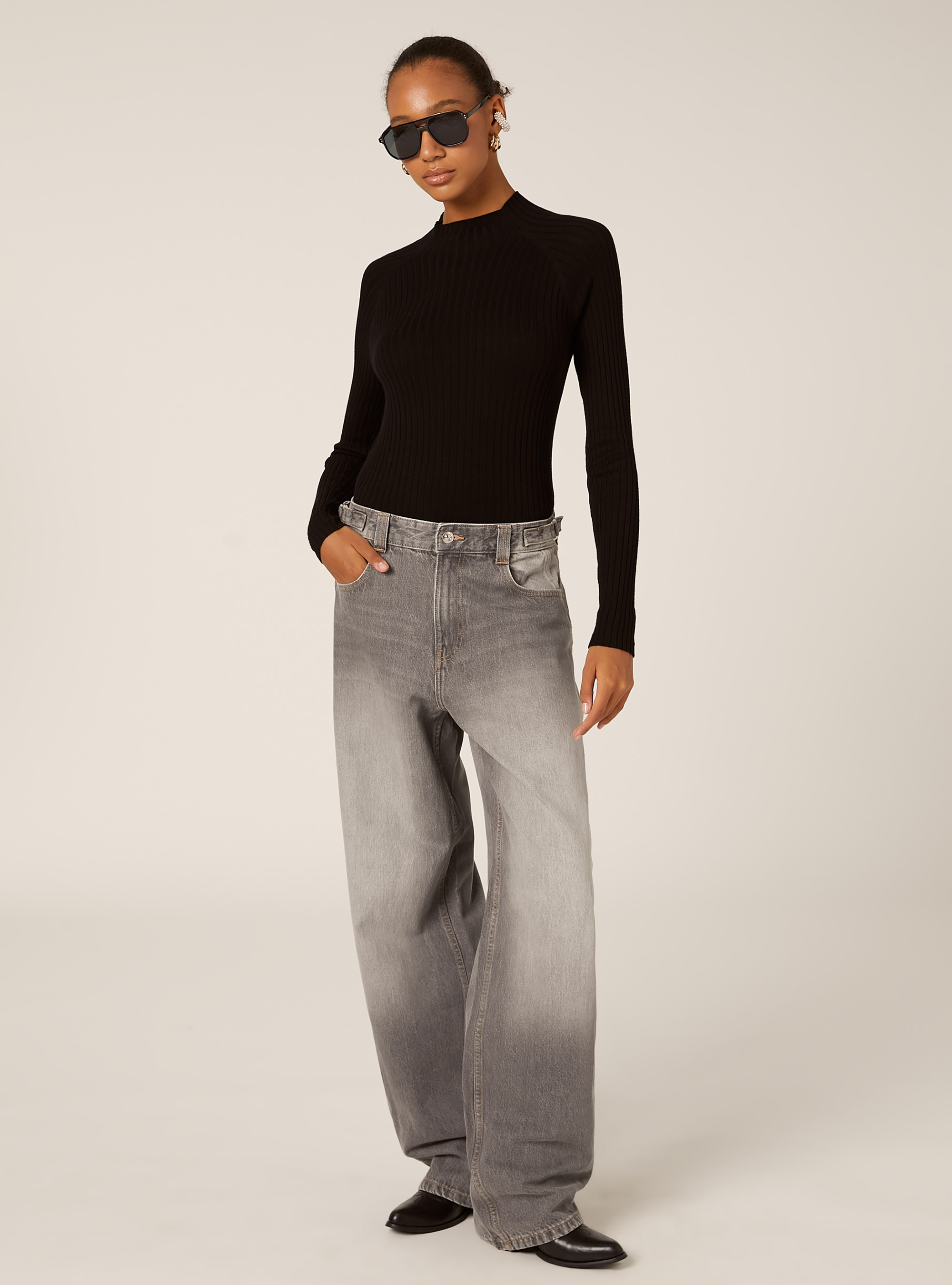 Mid-neck ribbed pullover, BK1 BLACK