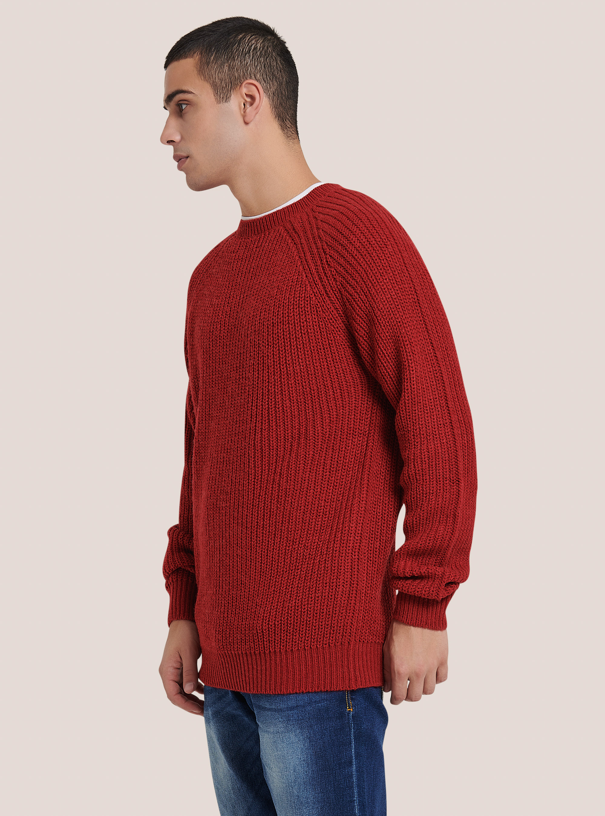 Crew-neck pullover with English ribbing, RED